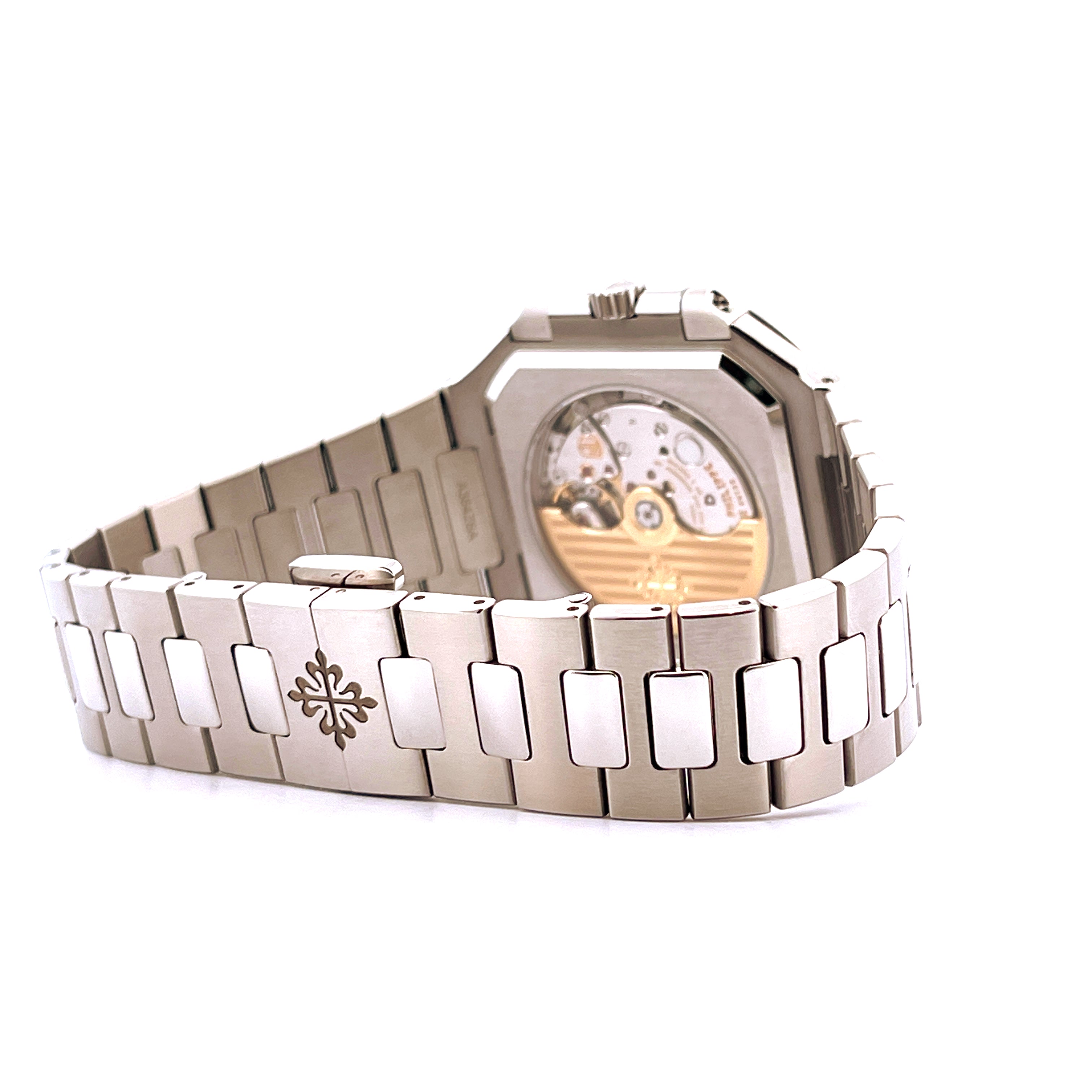 Patek Philippe Cubitus Stahl Ansicht der Rückseite mit Werk und Edelstahlband
