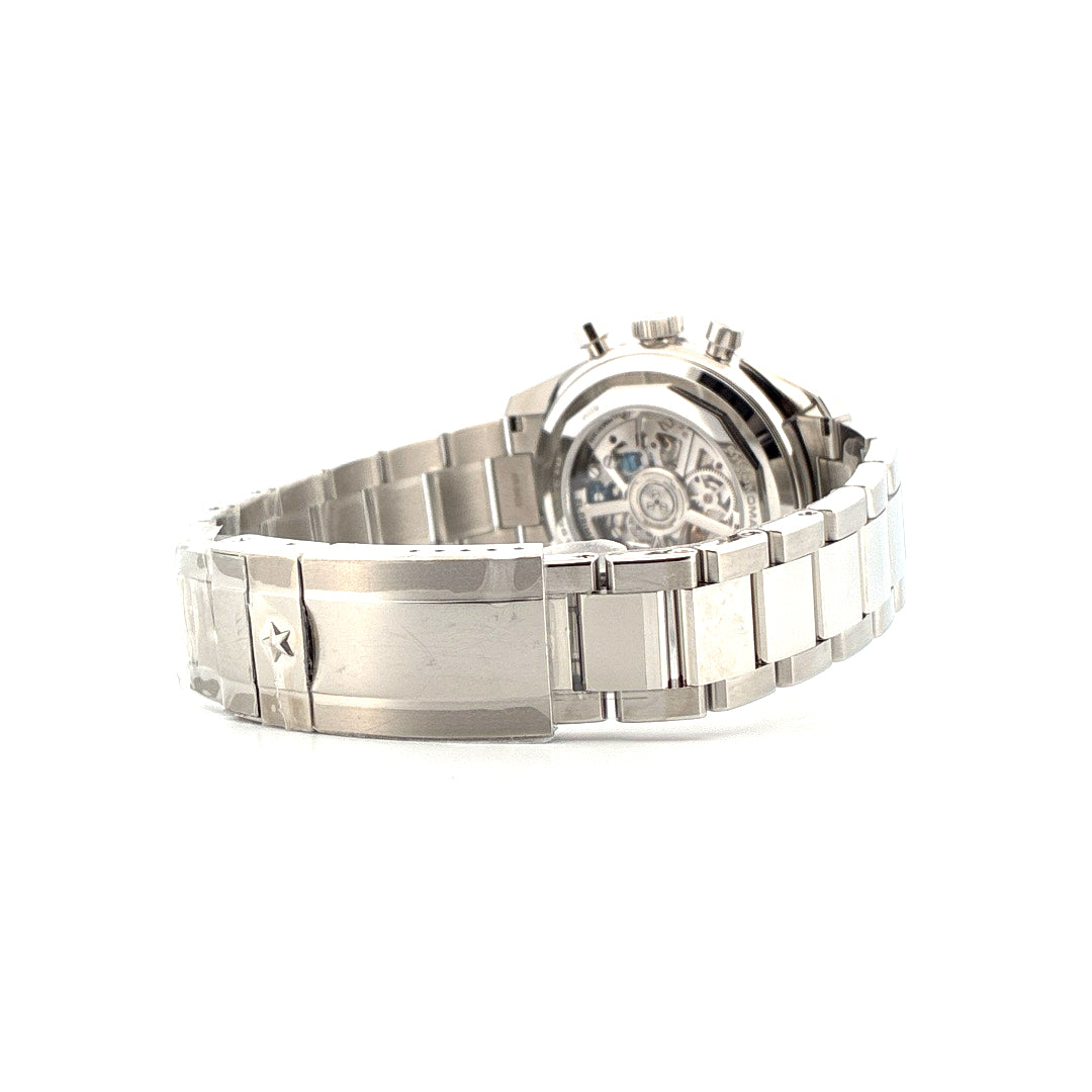 Zenith Chronomaster Original Triple Calendar: Seitenansicht des Edelstahlarmbands und Sichtboden