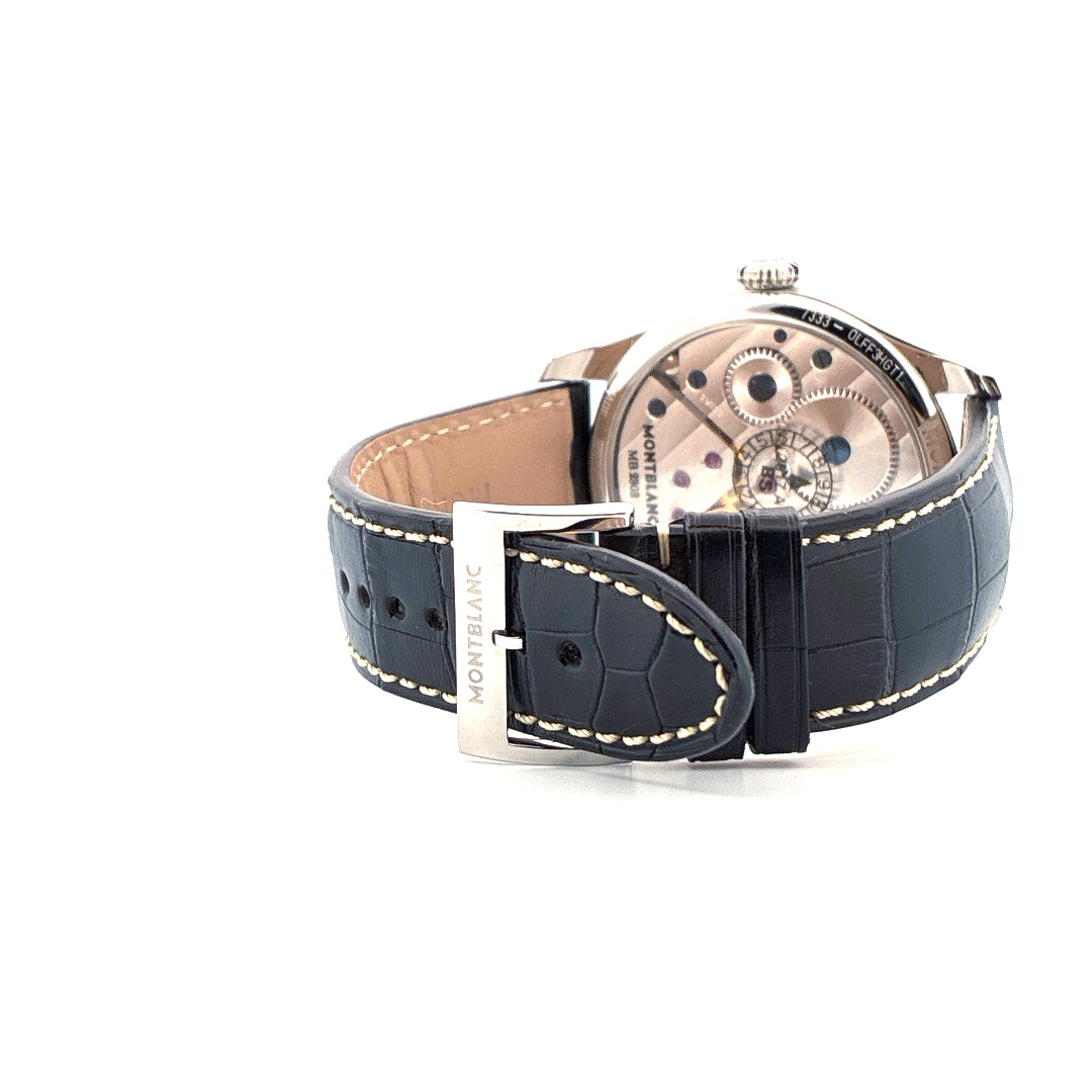 Montblanc Small Second 1858 mit schwarzem Krokoarmband und Edelstahlschließe Rückansicht