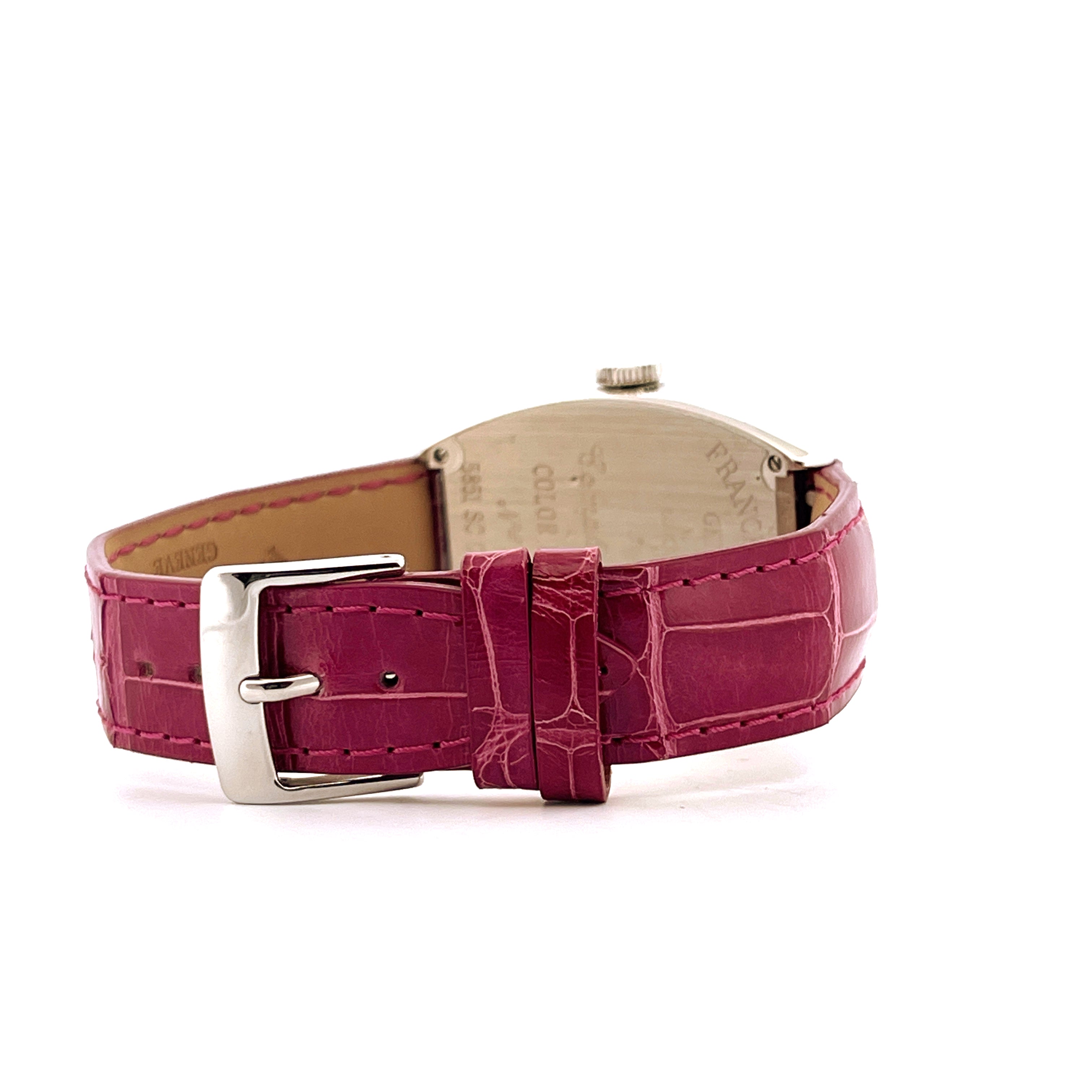 Franck Muller Cintree Curvex Color of Dreams mit rosa Krokolederband und Silberschließe von der Seite