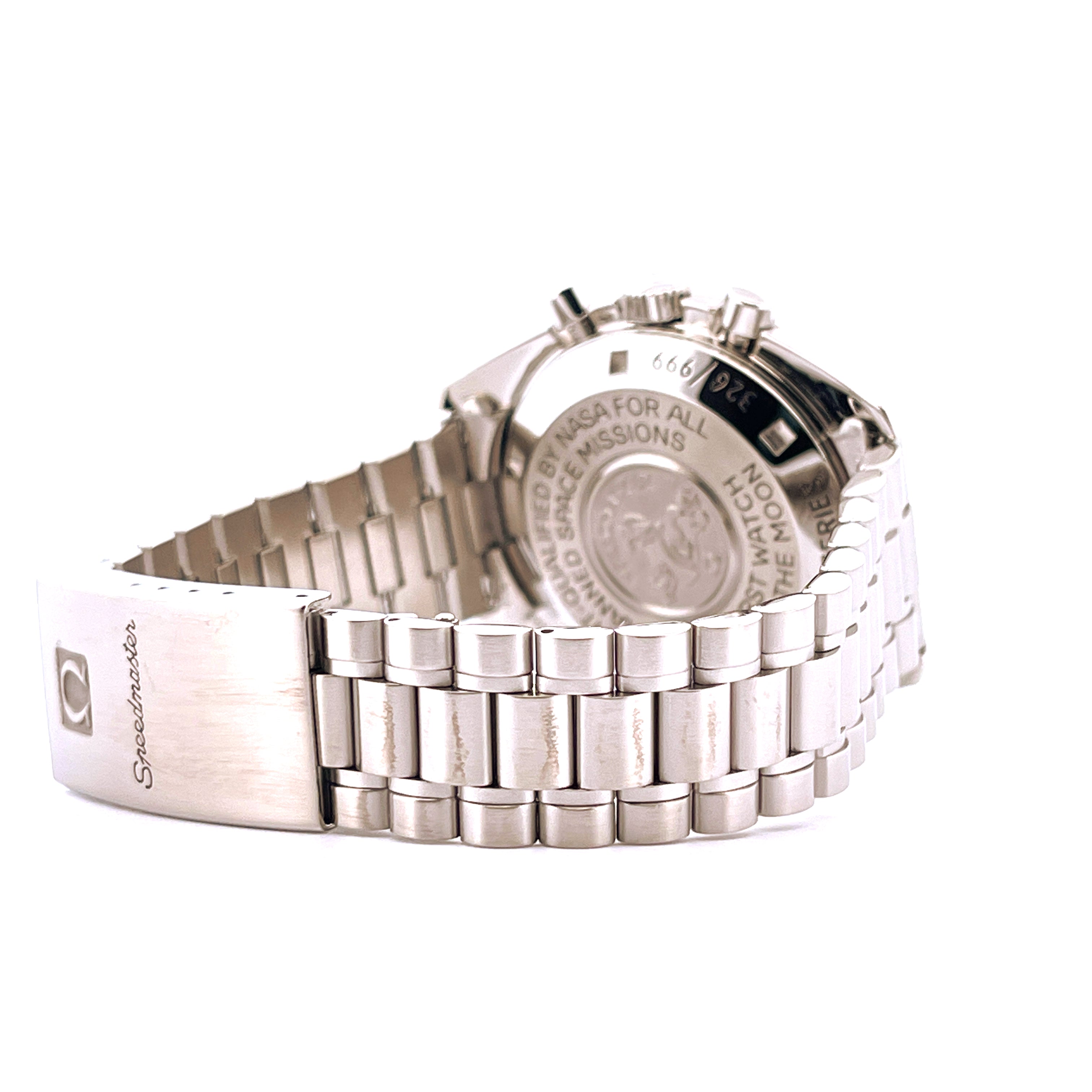 Omega Speedmaster Apollo 13 Limited Edition, Stahlarmband und Gehäuserückseite mit Gravur