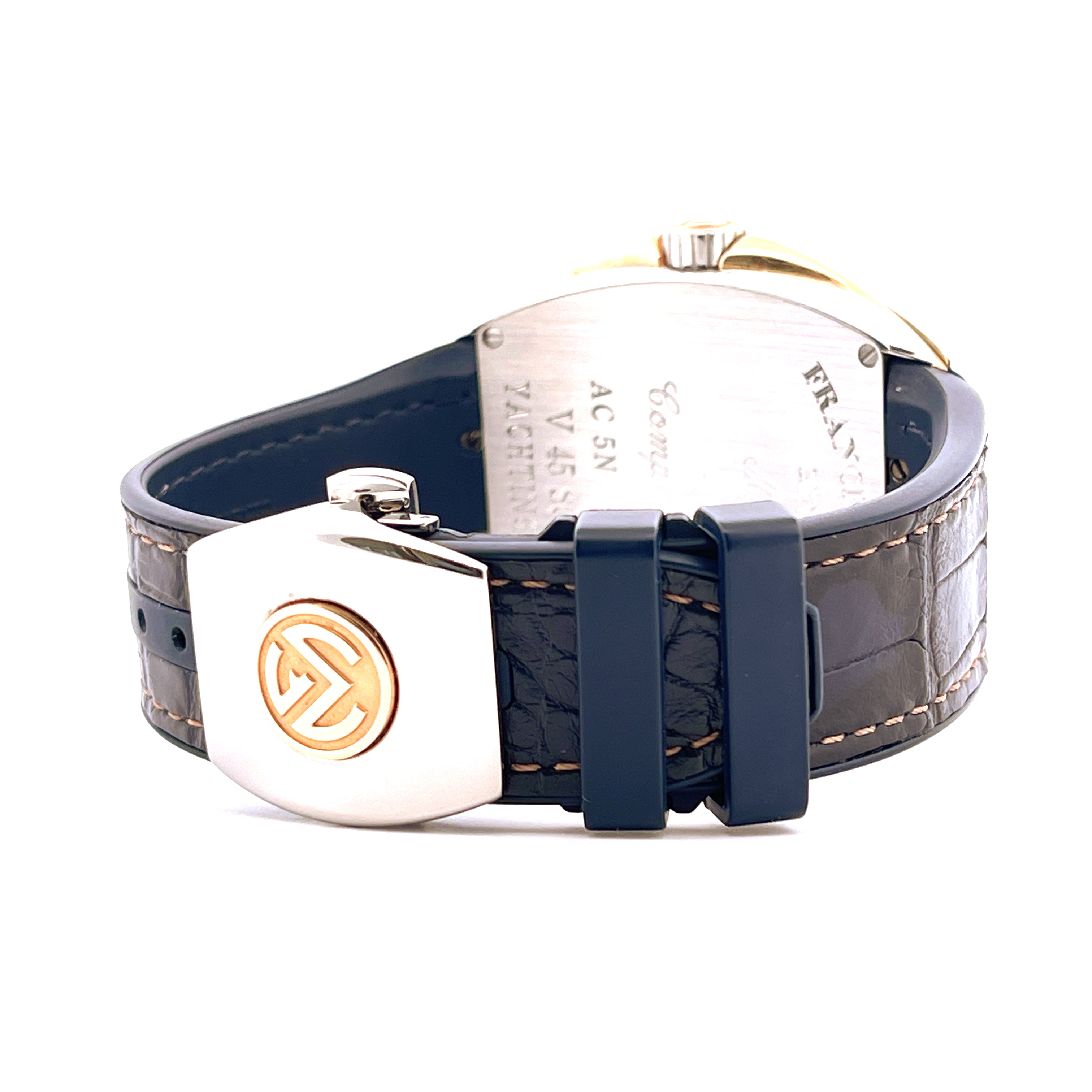 Franck Muller Vanguard 44 mm Stahl Gehäuse Automatik mit blauem Armband und goldenem Logo auf weißem Hintergrund