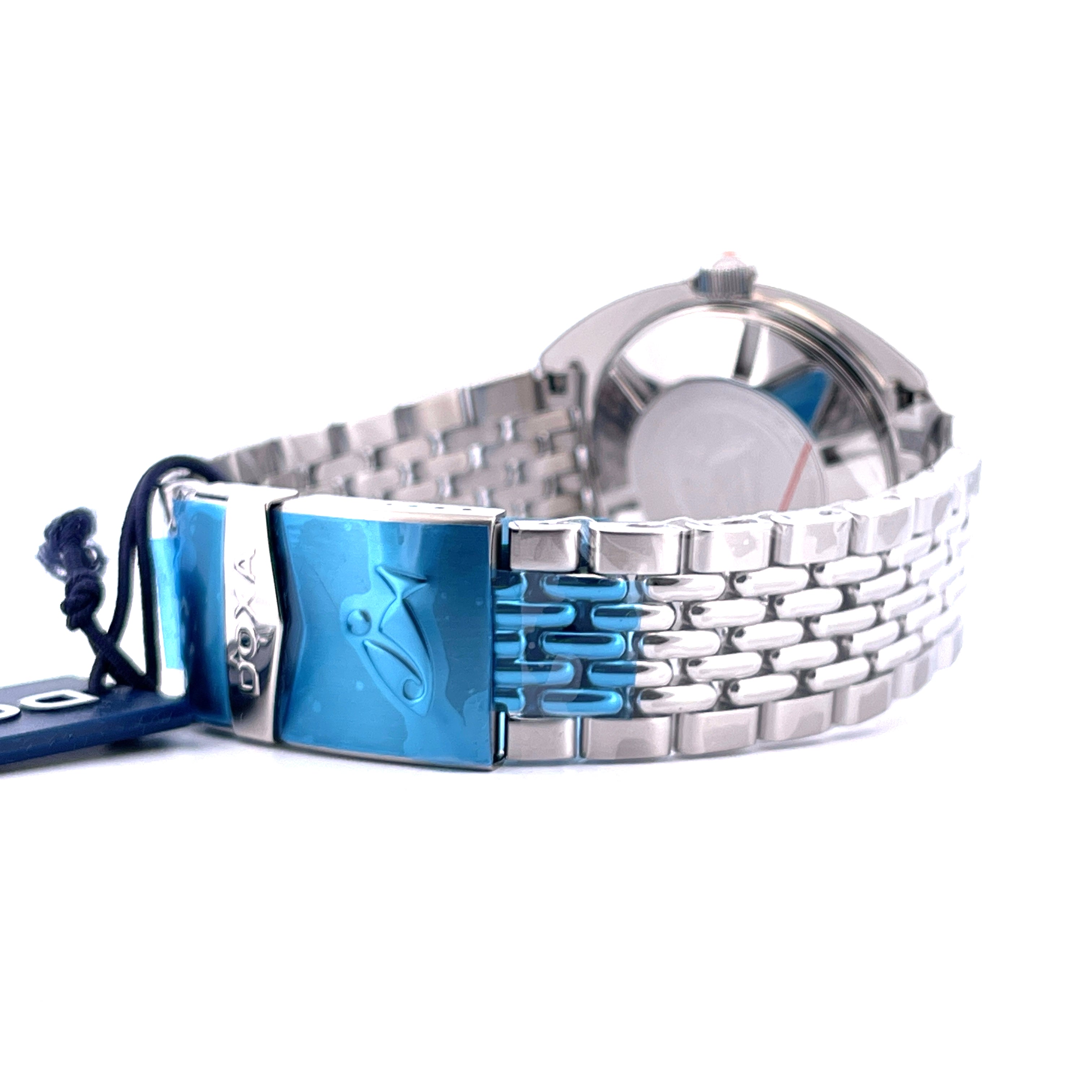 DOXA Sub 300 Searambler Stahl Automatik-Uhr im Detail mit blauer Schließe