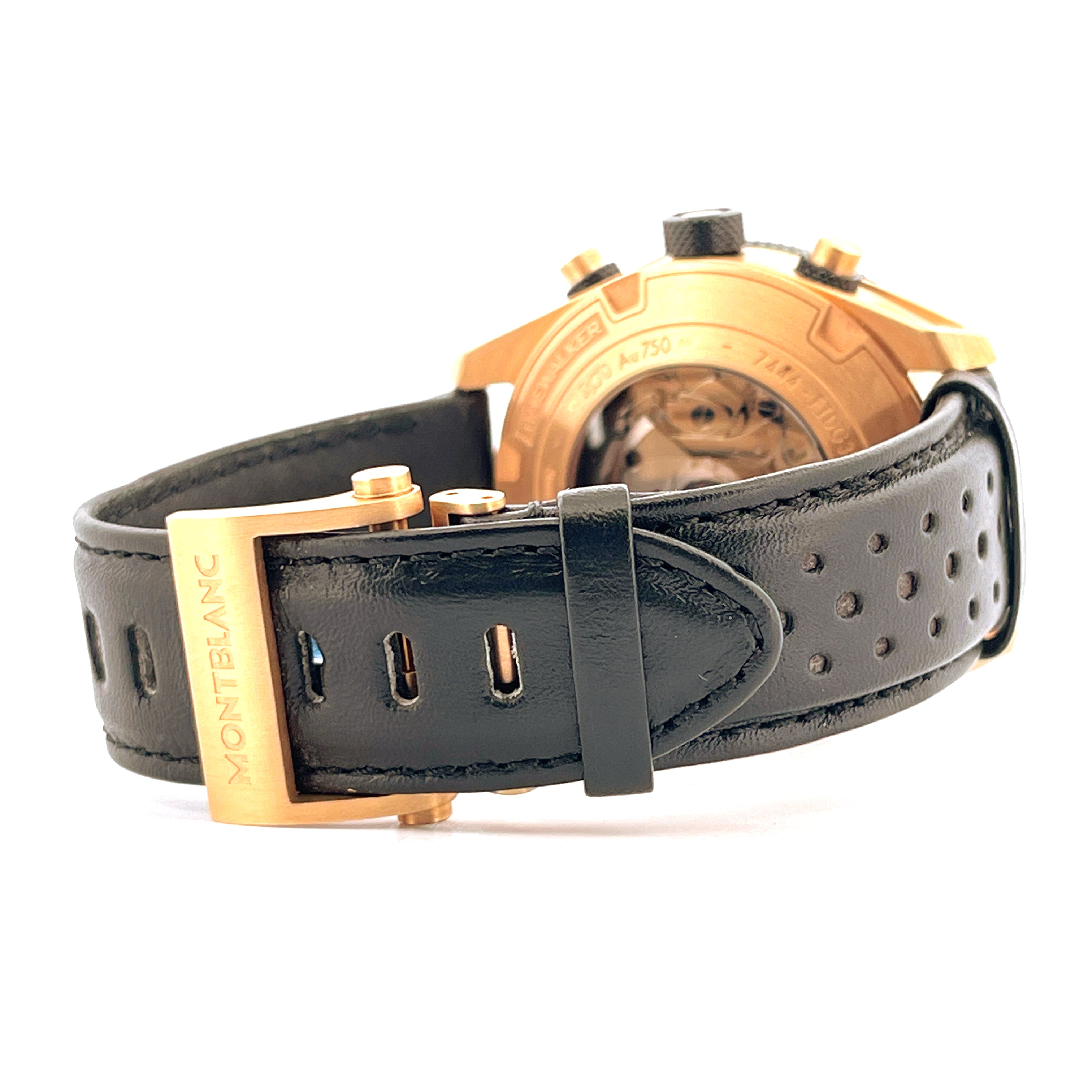 Montblanc Timewalker Chronograph Automatik: Detail der roten Goldschließe mit schwarzem Lederarmband