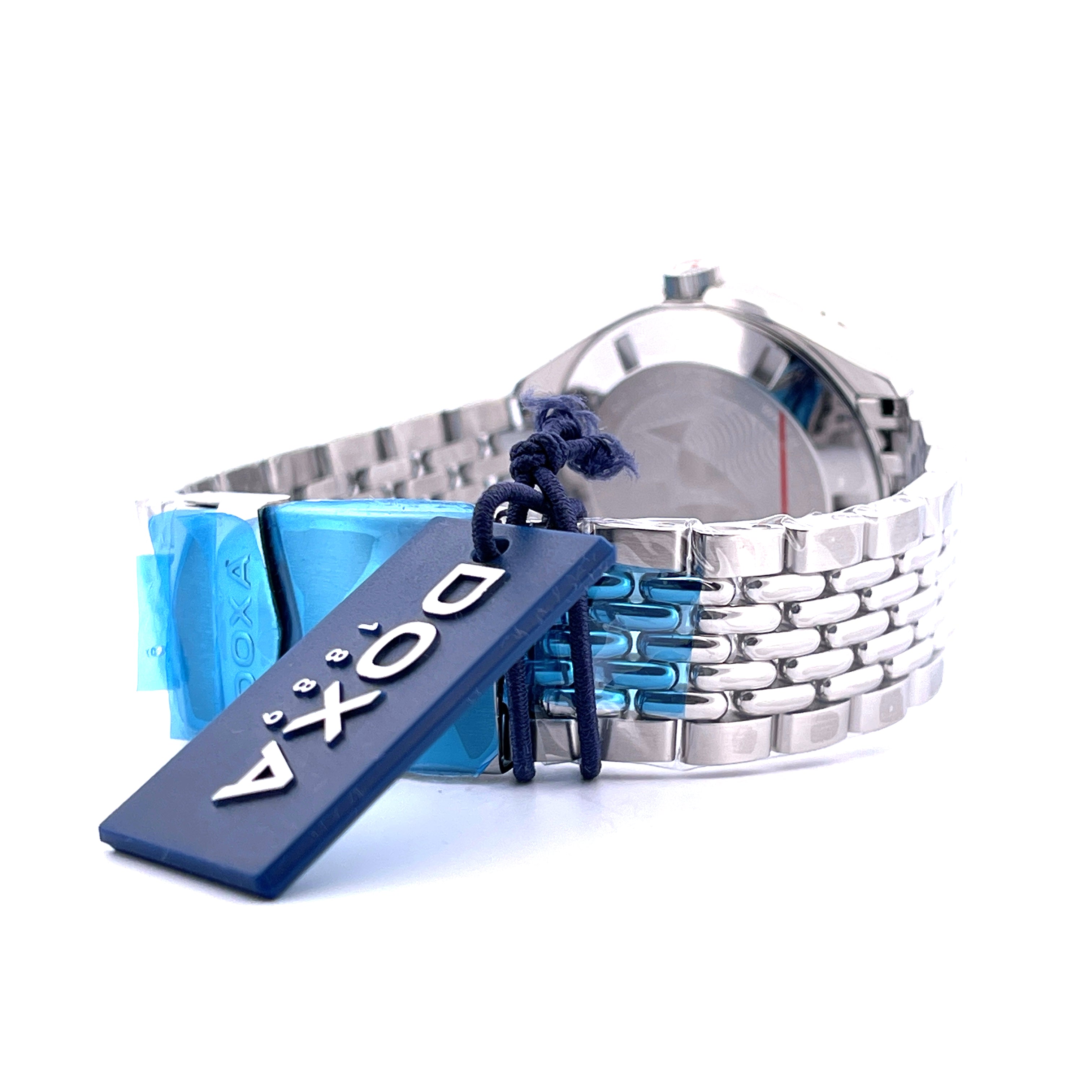 Doxa Sub 200 Caribbean Blue Uhr mit blauem Tag und silbernem Gliederarmband aus Edelstahl