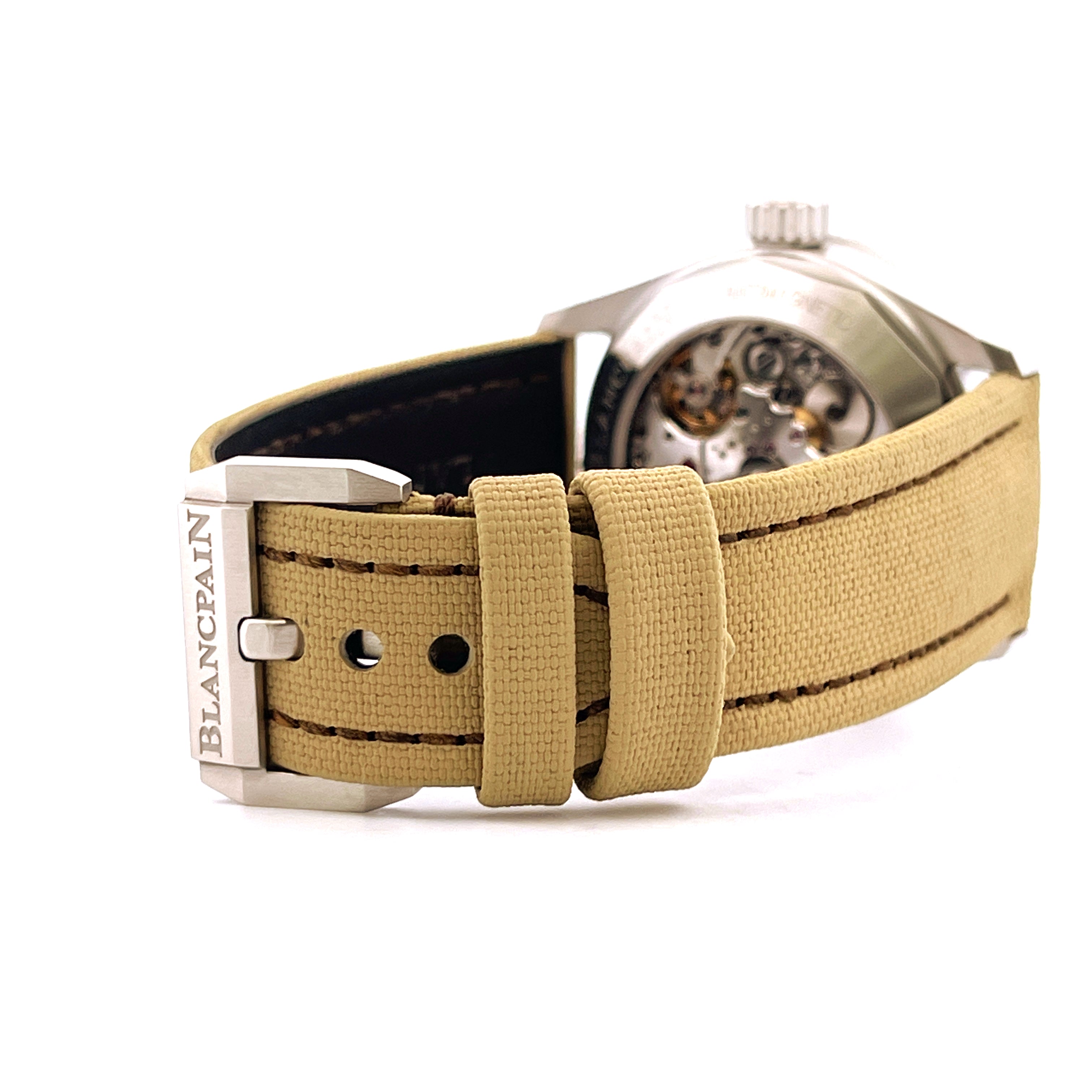 Blancpain Fifty Fathoms Bathyscaphe mit hellem Canvas-Armband und Stahlschließe
