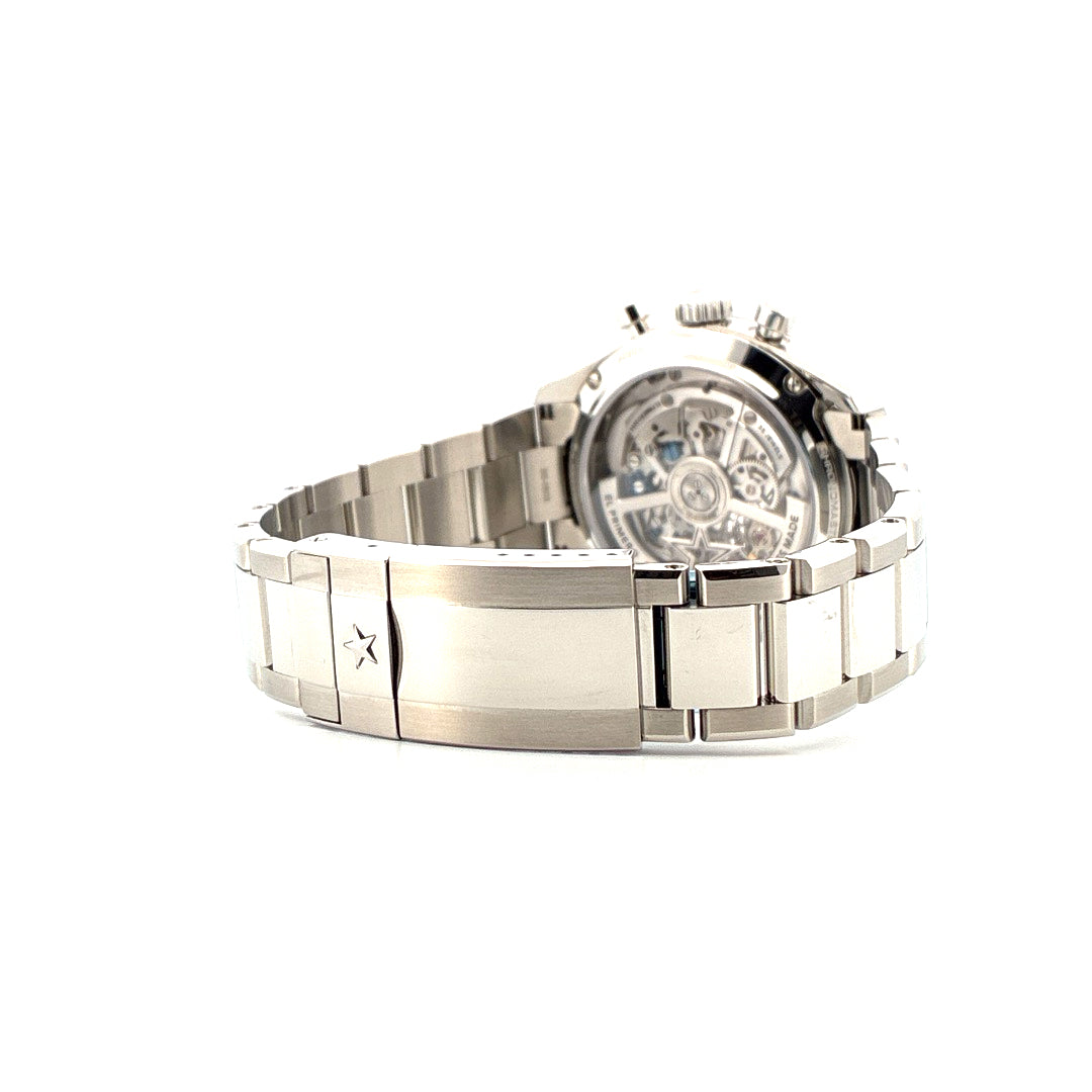 Seitenansicht einer Zenith Chronomaster Open Automatic 39.5 mm aus Edelstahl mit offenem Uhrwerk