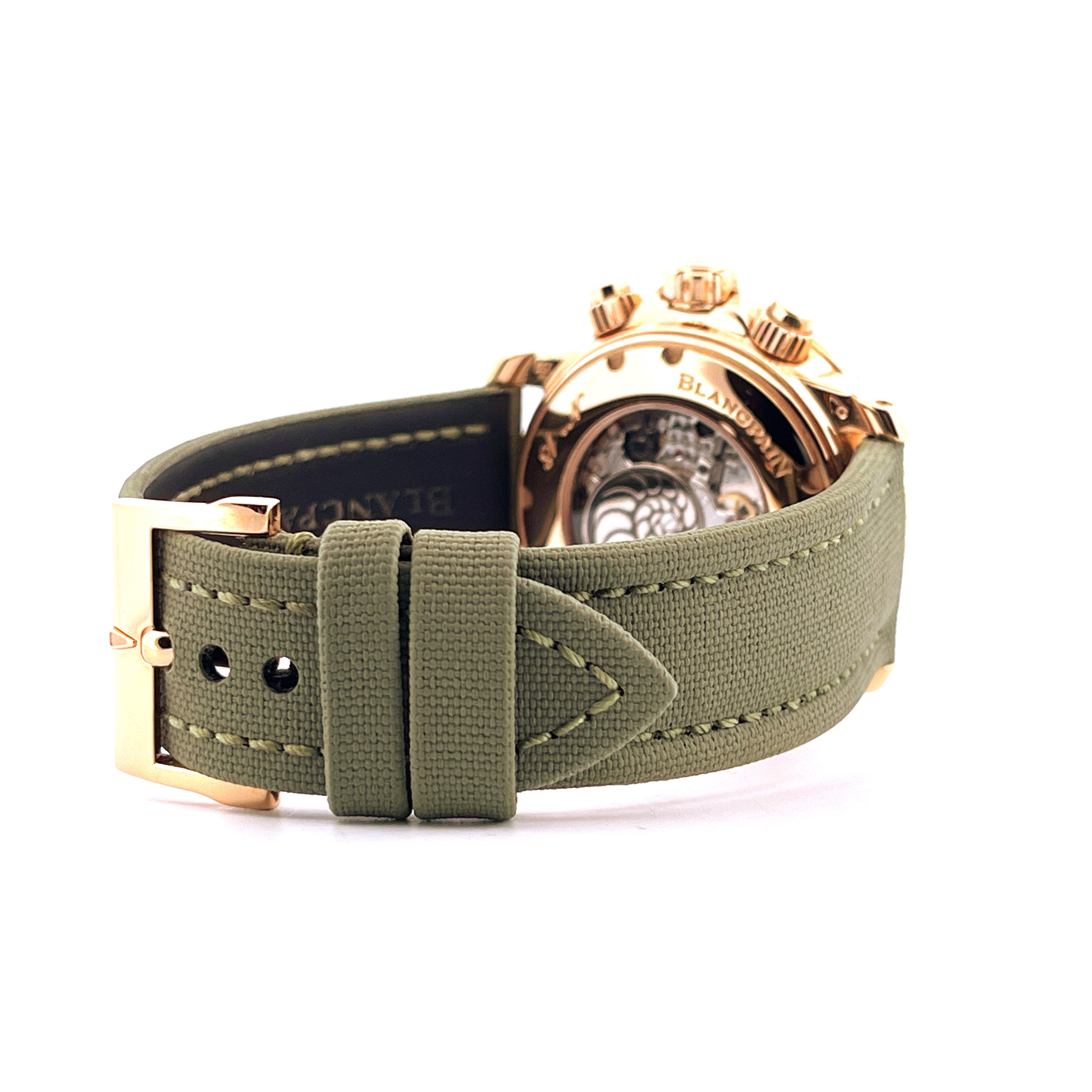Blancpain Fifty Fathoms Roségold mit grauem Textilarmband in Seitenansicht