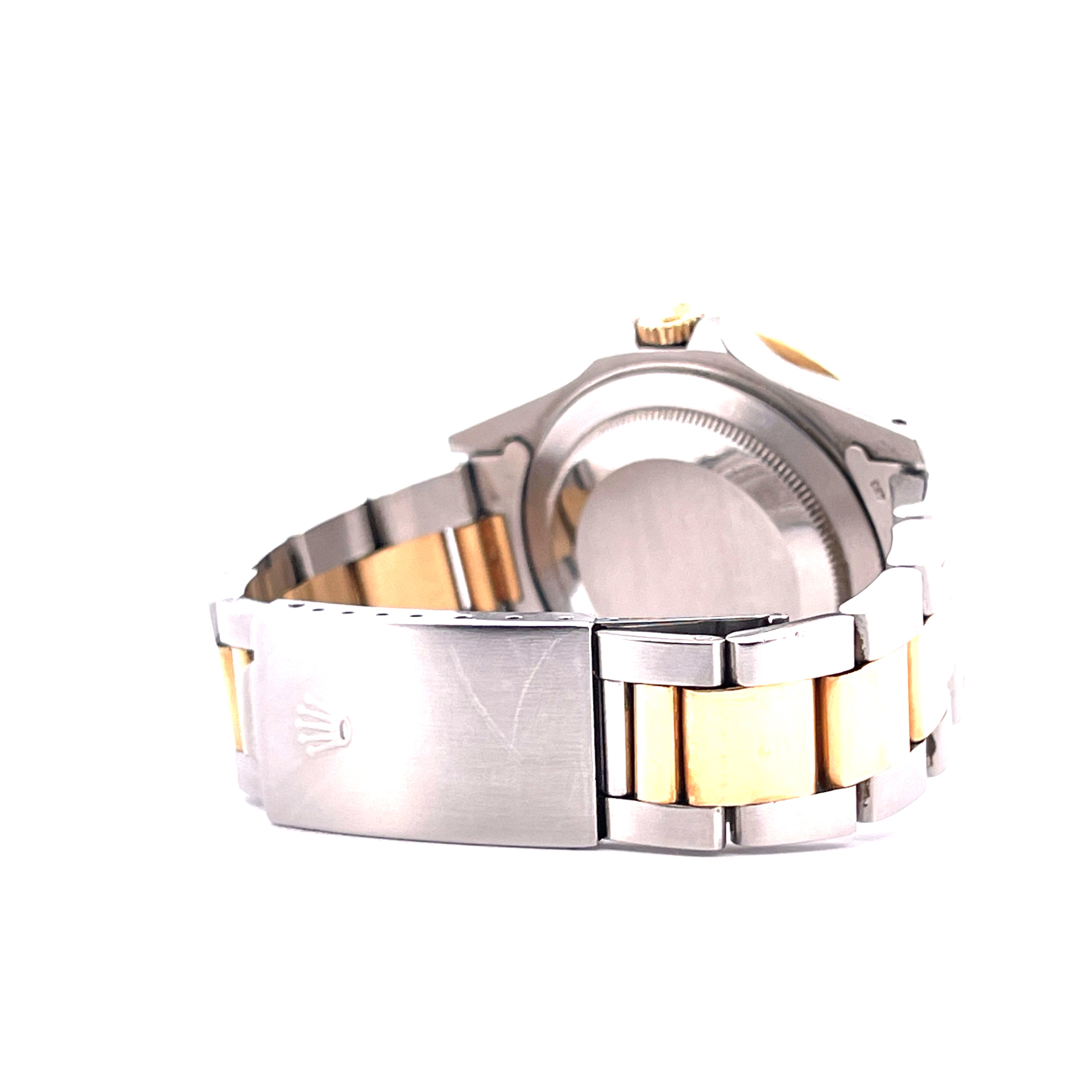 Rolex GMT-Master II Tiger Eye 1992 Seitenansicht des Gehäuses und Armbands aus Gold und Stahl
