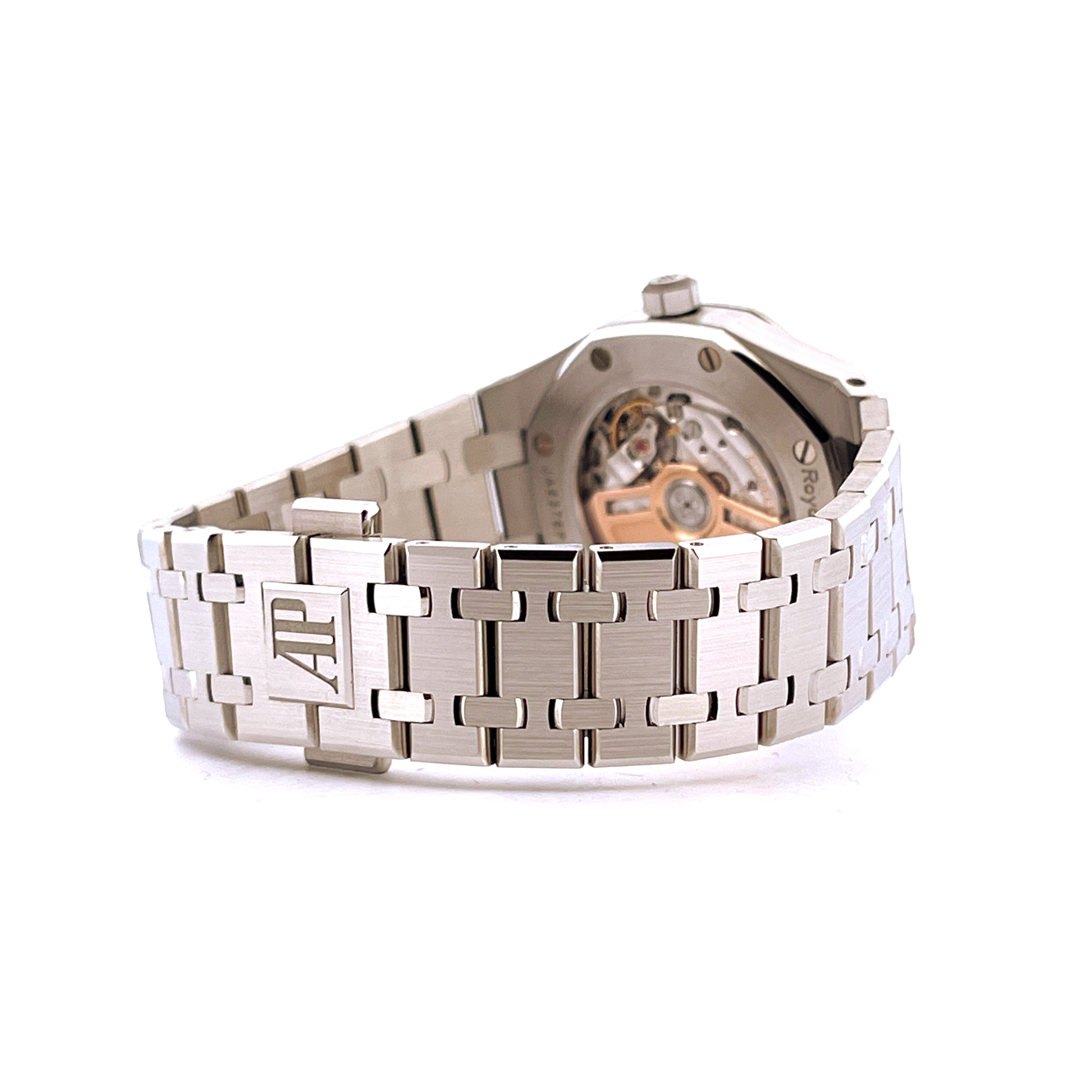 Audemars Piguet Royal Oak 34mm Automatik mit gestanztem Armband und einem Teil des Uhrwerks