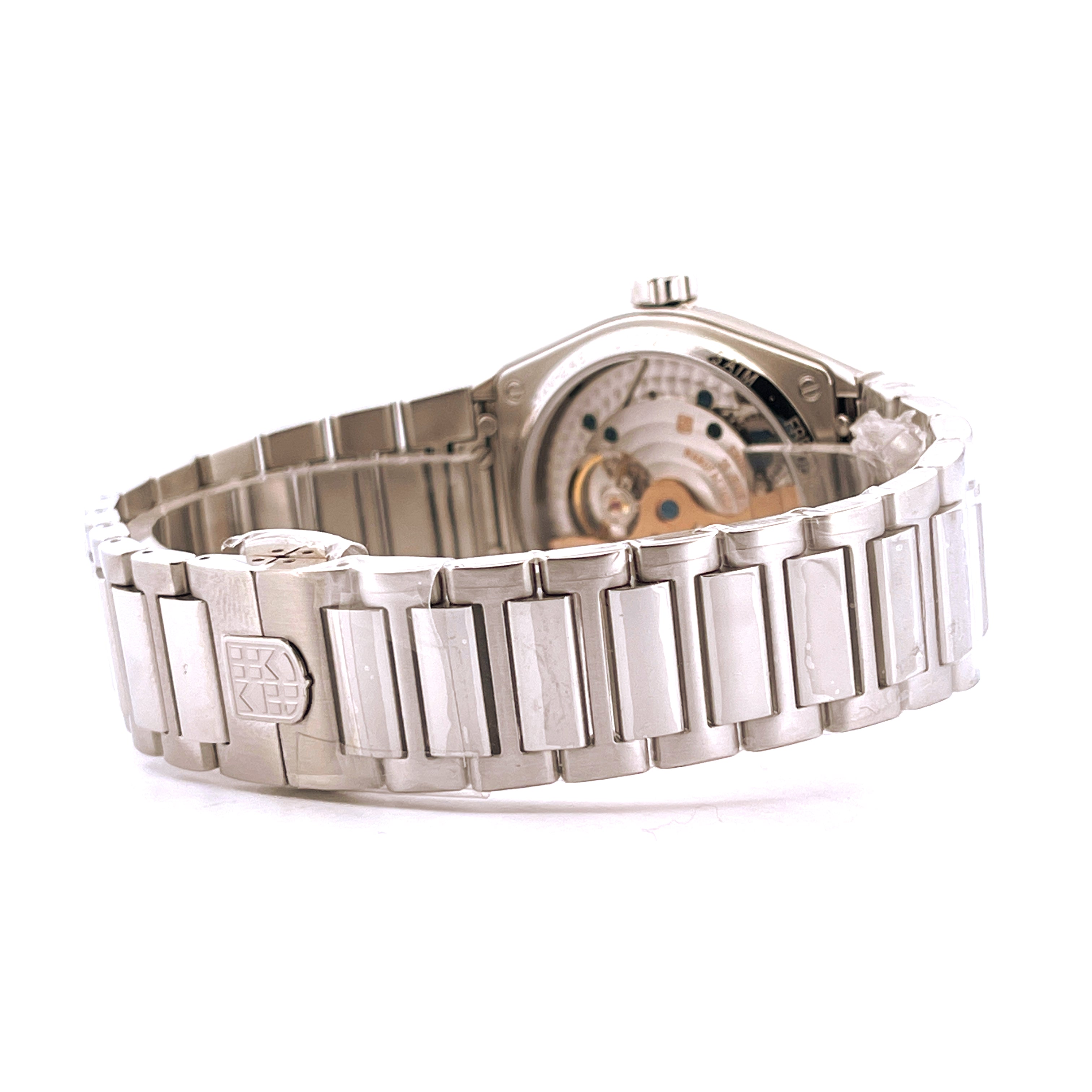 Frederique Constant Highlife Automatik Uhr, Rückansicht, Edelstahlgehäuse und -armband mit offenem Werk