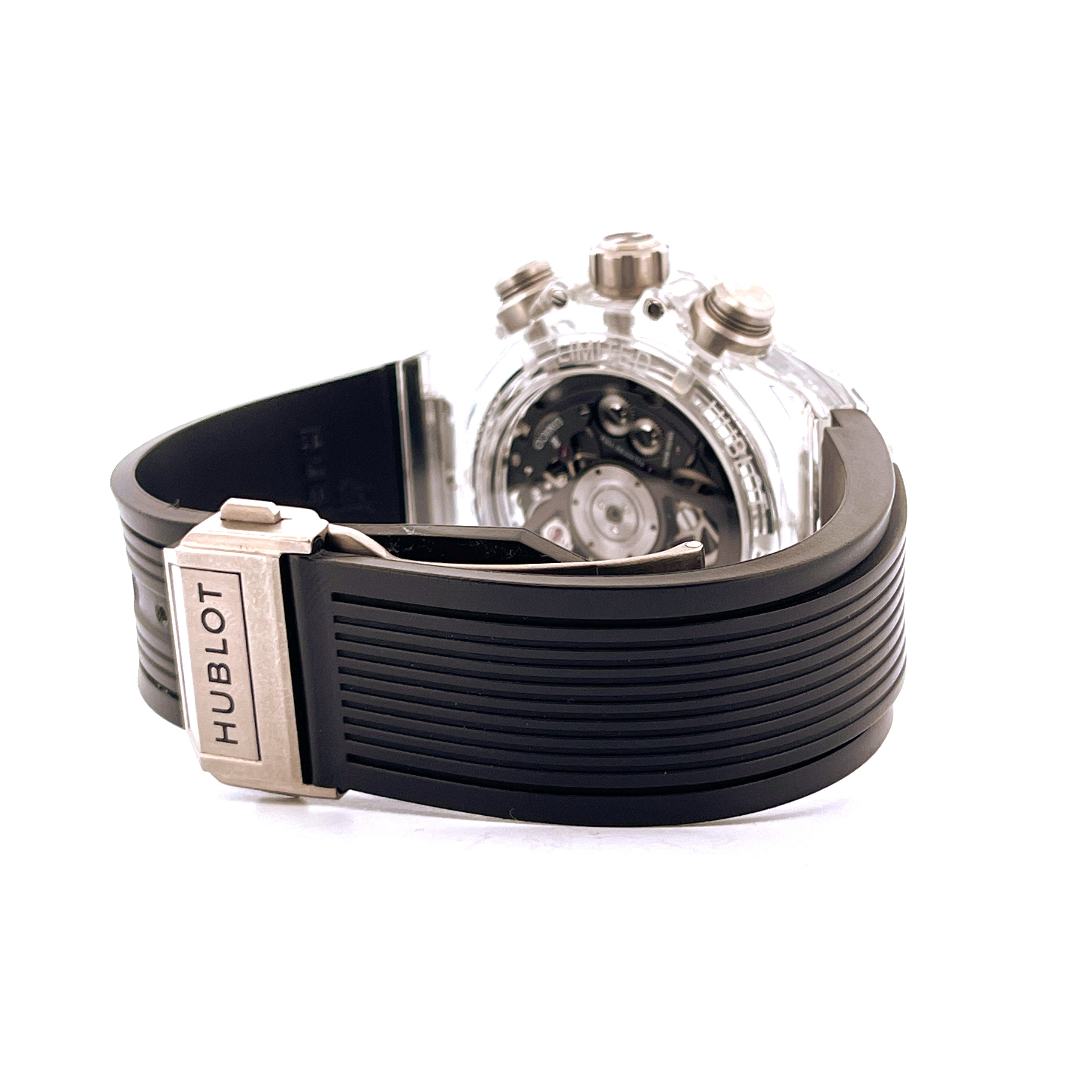Hublot Big Bang Unico Magic Sapphire mit transparentem Gehäuse und schwarzem Armband