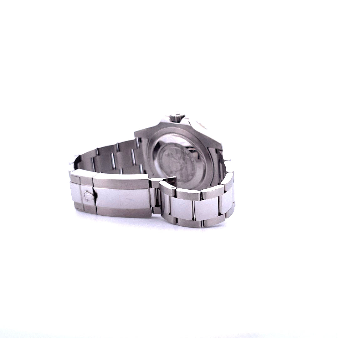 Rolex GMT-MASTER II "SEA KING" Stahl-Armband und Gehäuse, Rückansicht auf weißem Hintergrund