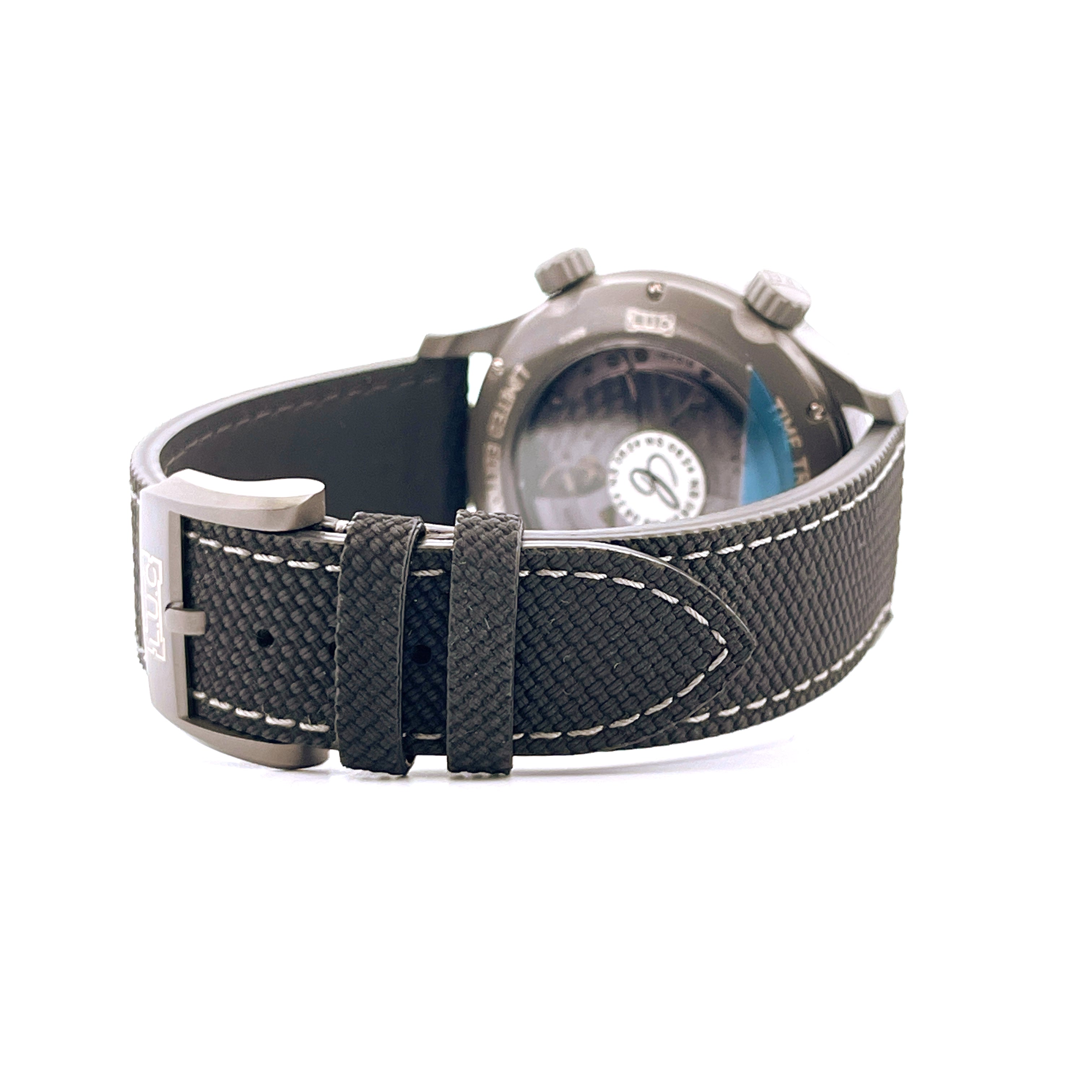 Chopard L.U.C Time Traveler One Black 1 of 250 Rückansicht mit schwarzem Textilarmband und Edelstahlschließe