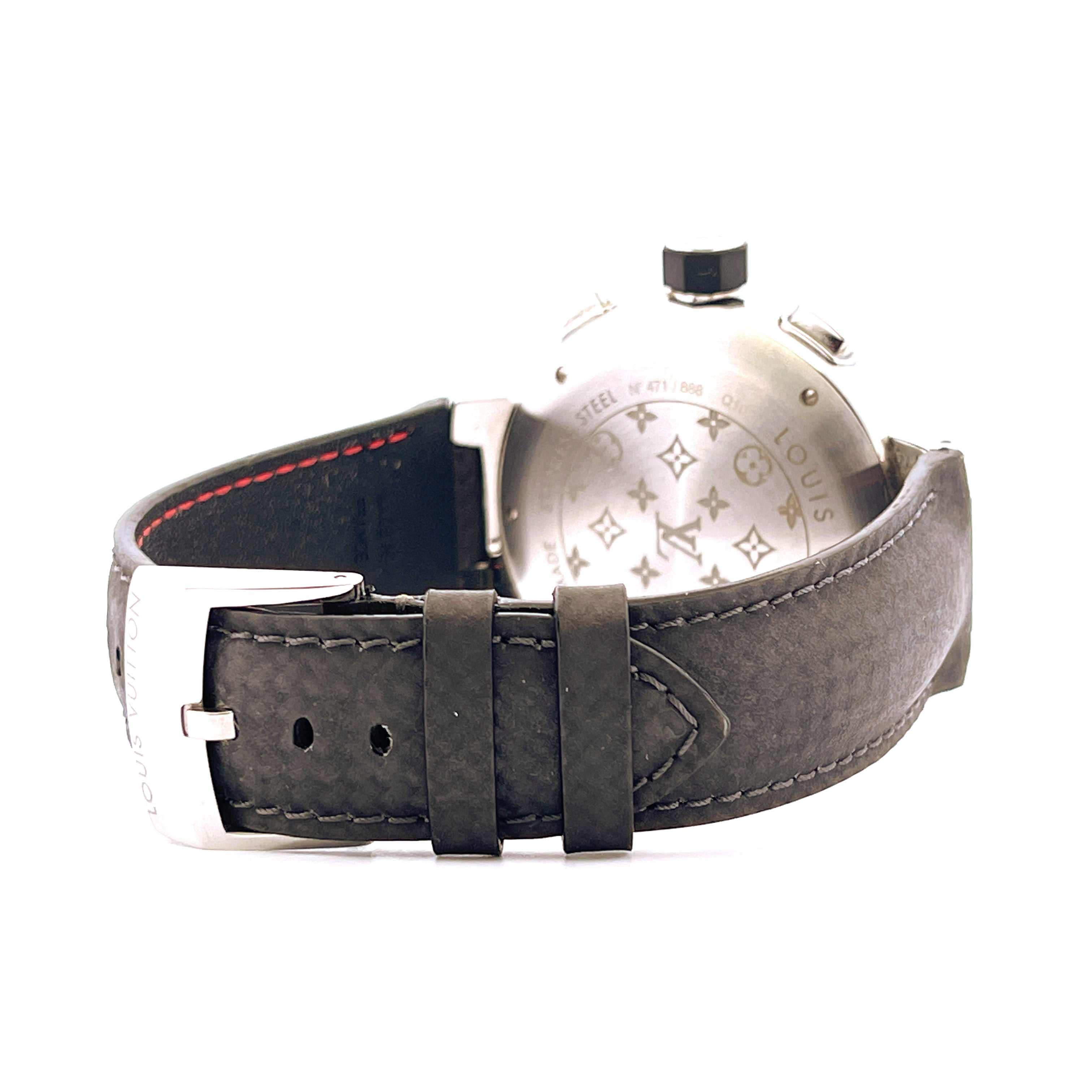 Louis Vuitton Tambour Chronograph, Edelstahlgehäuse mit Lederarmband und charakteristischen Monogramm-Mustern auf der Rückseite