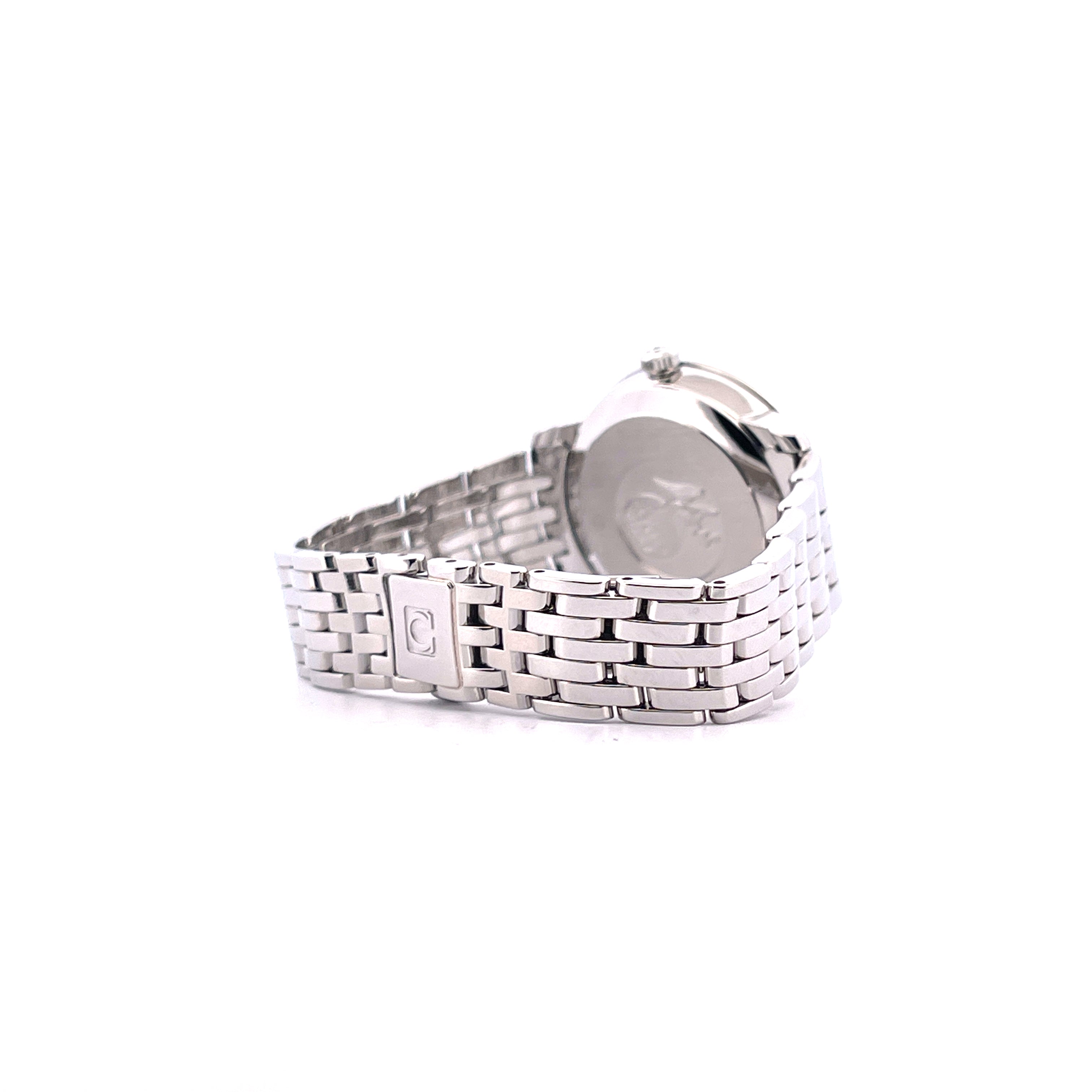 Omega De Ville Prestige Lady Uhr mit Stahlgehäuse und Milanaise-Armband von der Seite