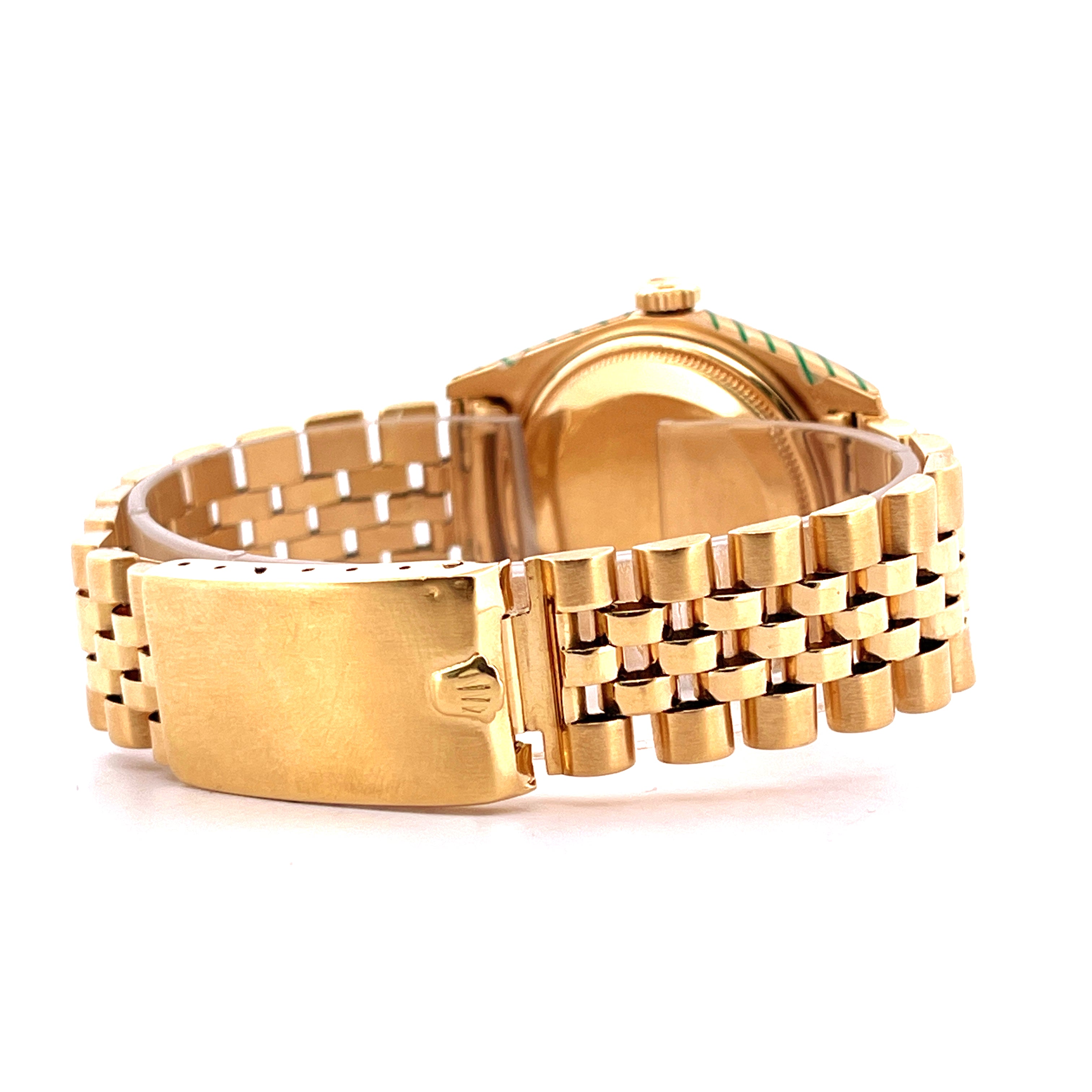 Rolex Datejust 36 Full Gold 1601 Seitenansicht mit goldenem Jubilee-Armband und Schließe