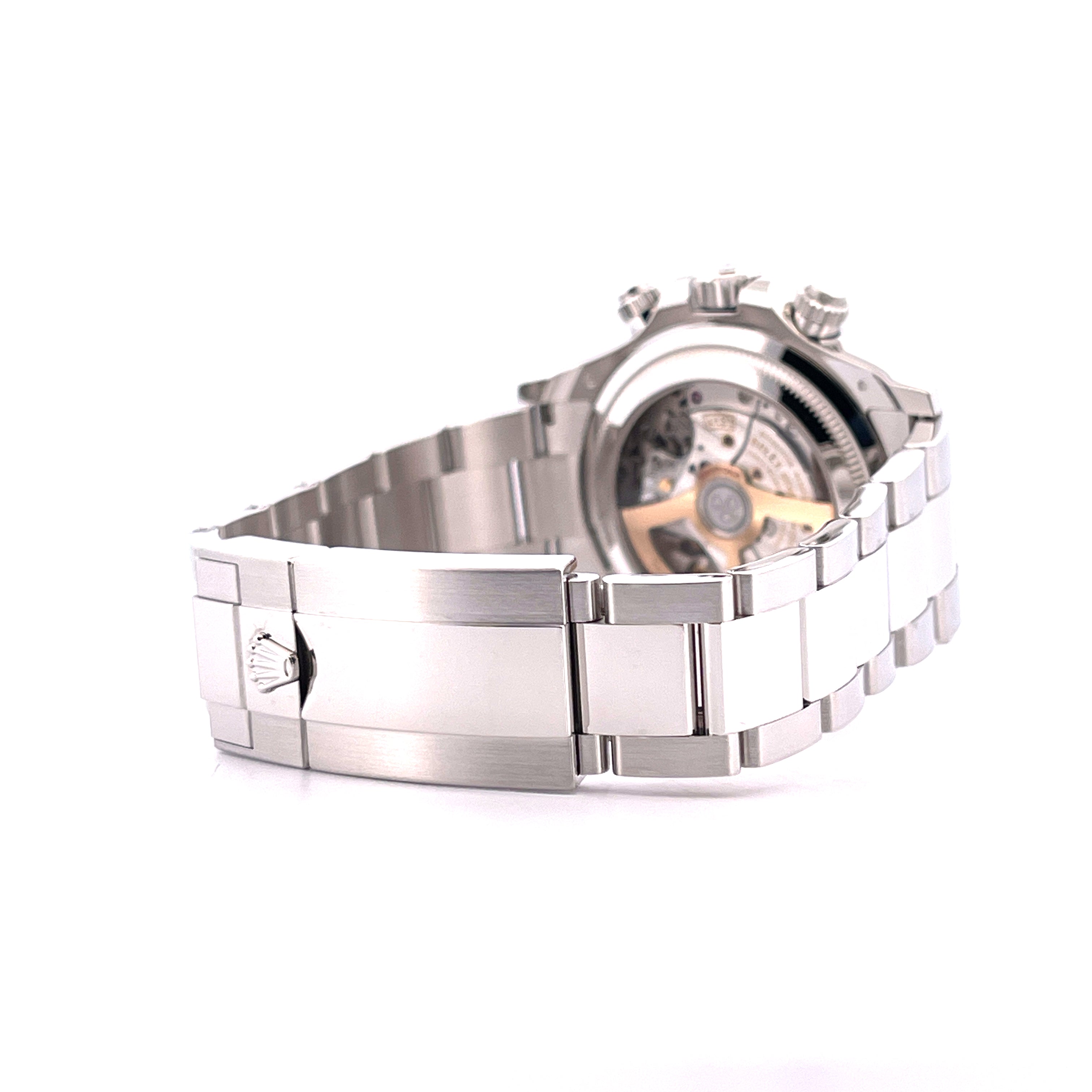 Rolex Daytona Platin Ice Blue 126506 im Profil, mit Sicht auf das Uhrwerk und Platinarmband