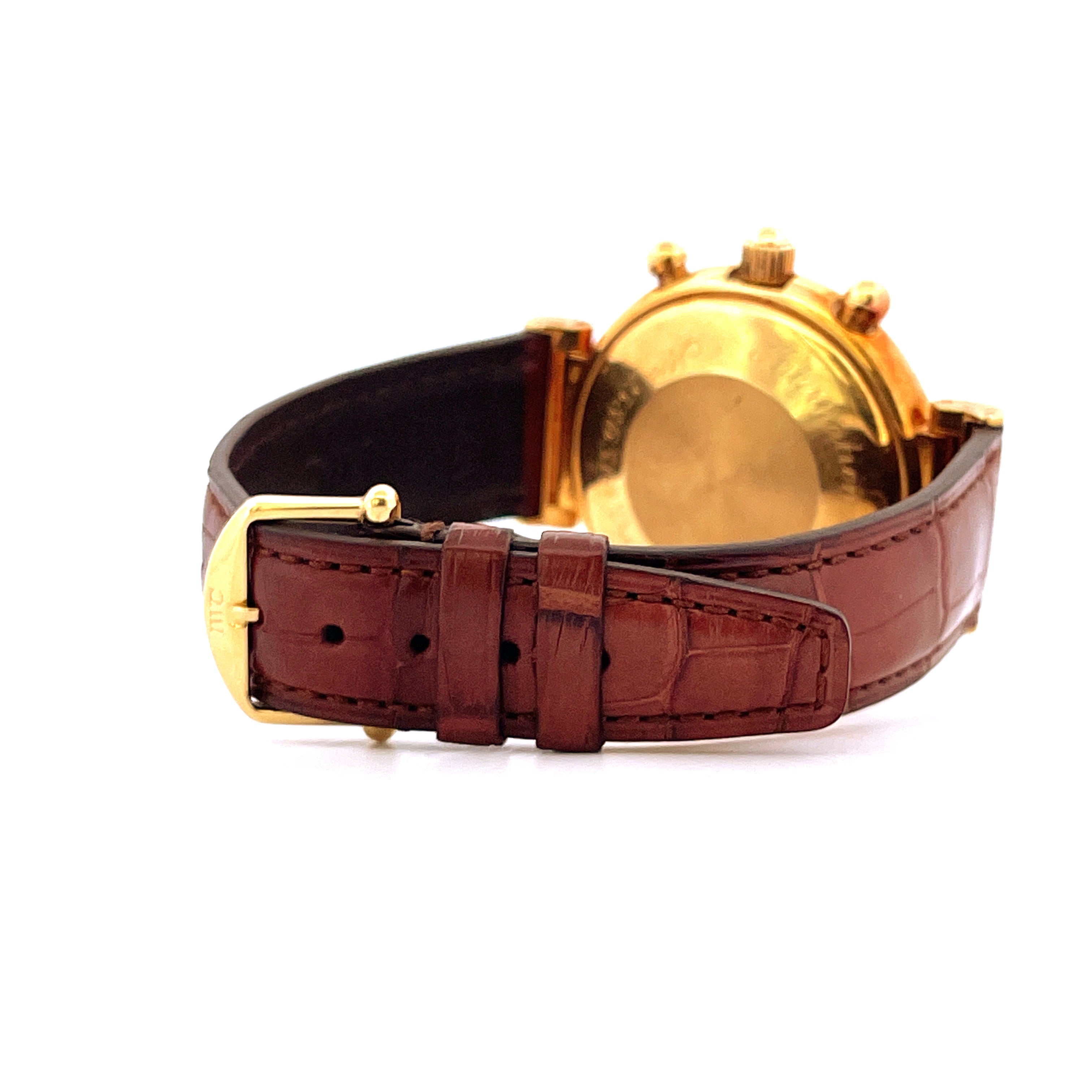 IWC Da Vinci Perpetual Calendar von 1987, Seitenansicht mit braunem Lederarmband und Goldschließe