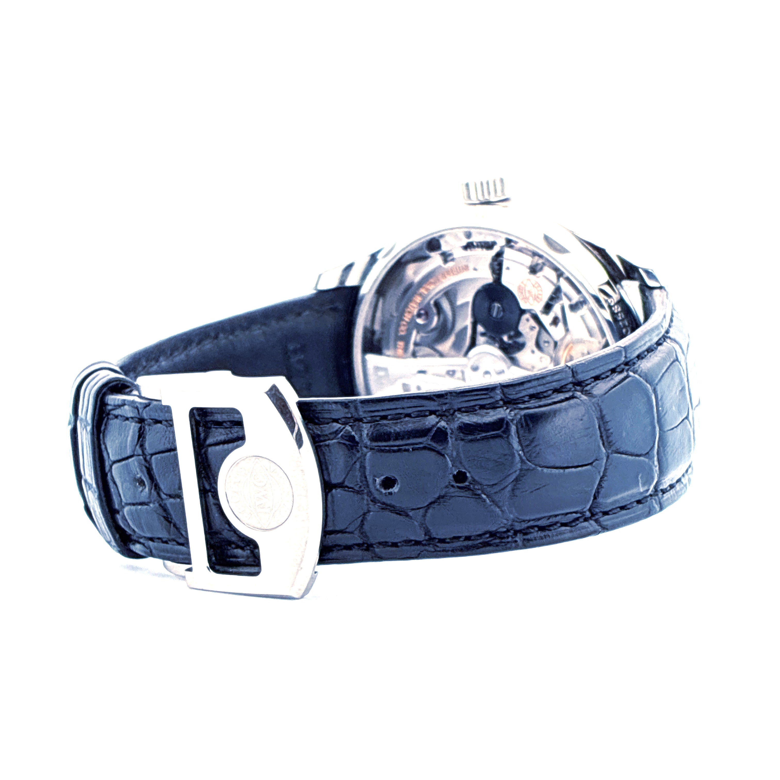 IWC Portugieser Automatik Uhr mit blauem Kroko-Lederarmband und Faltschliesse Seitenansicht