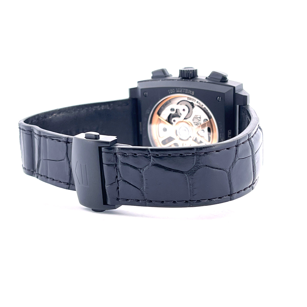 Tag Heuer Monaco "Dark Lord" Titan / Service 2026 / very good Condition / 20cm wrist size, Rückansicht mit Gehäuseboden, Schließe und Armband vor weißem Hintergrund