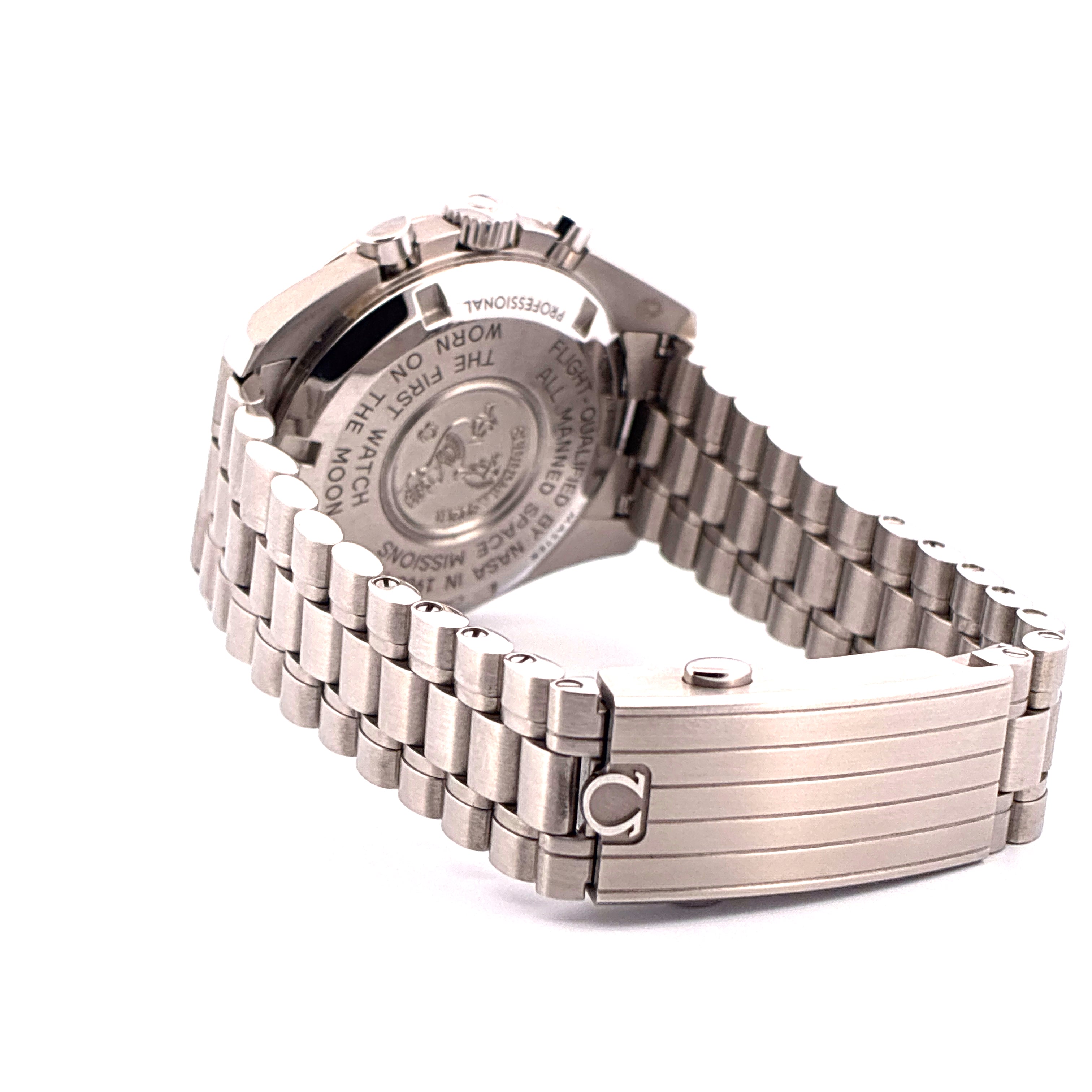 Omega Speedmaster Professional Moonwatch Rückansicht mit Hesalit-Glas und Edelstahlarmband