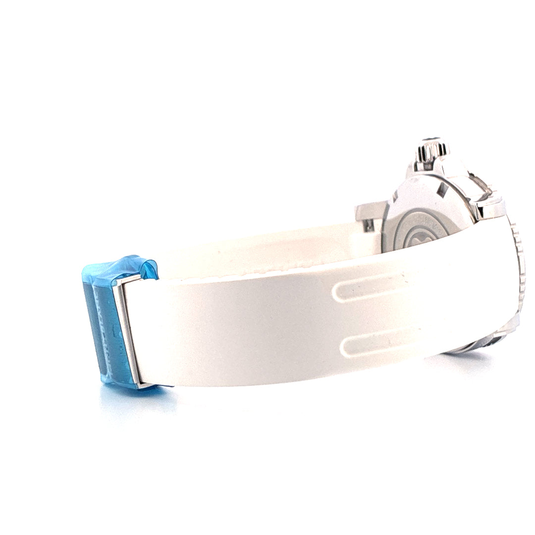 Montblanc Sport Lady 34mm aus Edelstahl mit weißem Kautschukband, seitliche Ansicht mit Schutzfolie