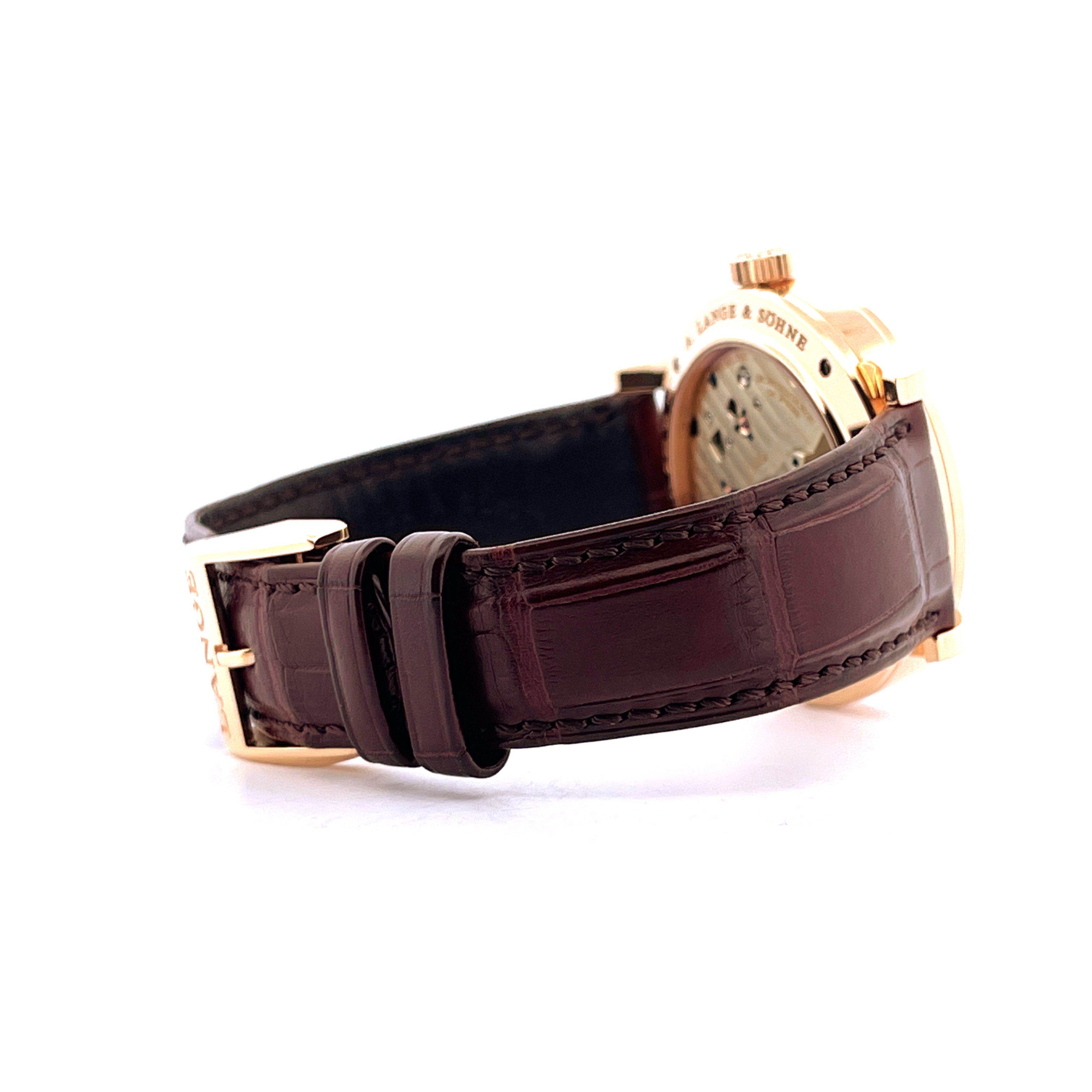 A. Lange & Söhne Richard Lange Roségold Uhr mit braunem Lederarmband und Dornschließe Seitenansicht