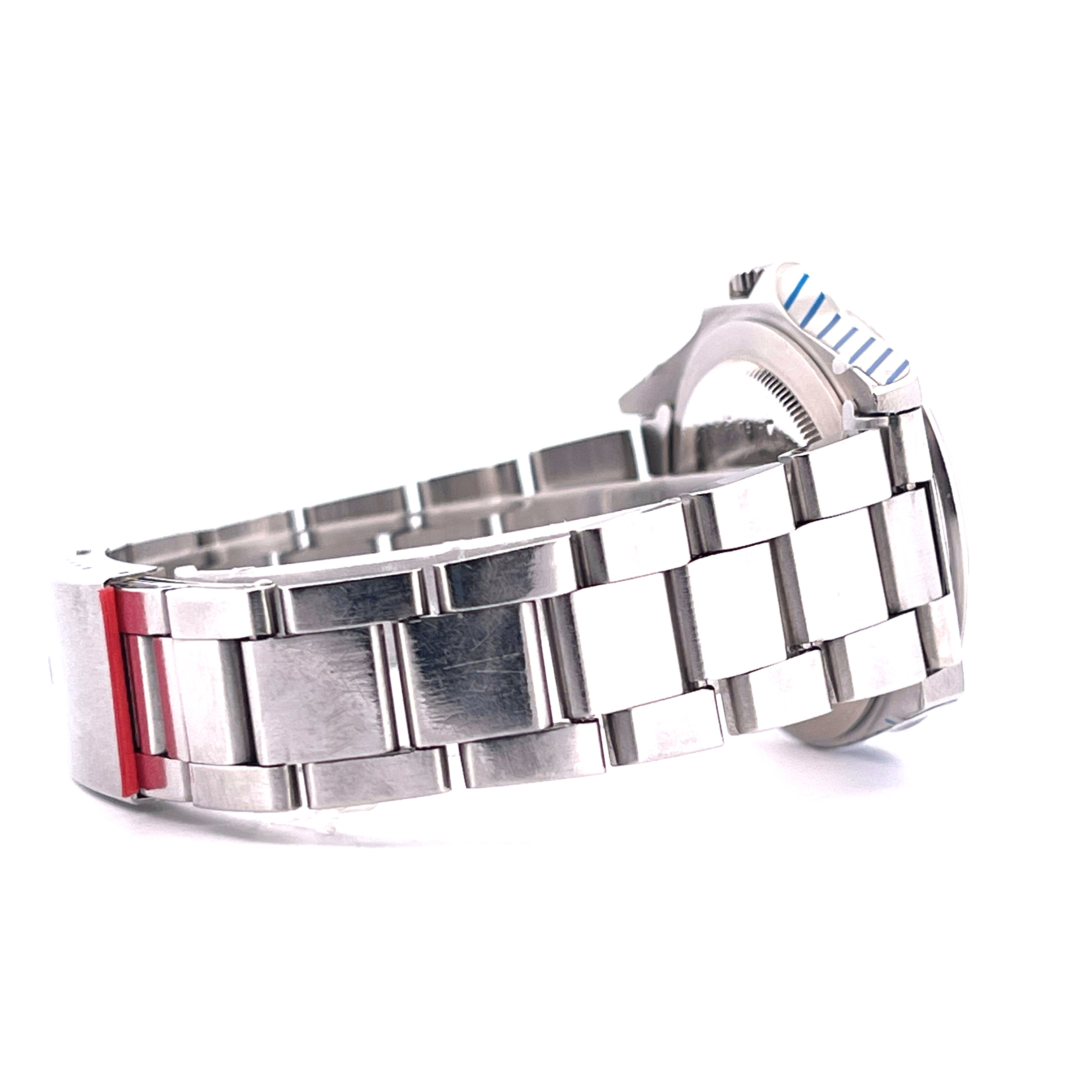 Rolex Explorer II Steve McQueen "Freccione" MK 5 aus Stahl mit Armband im Detail und blauen Akzenten