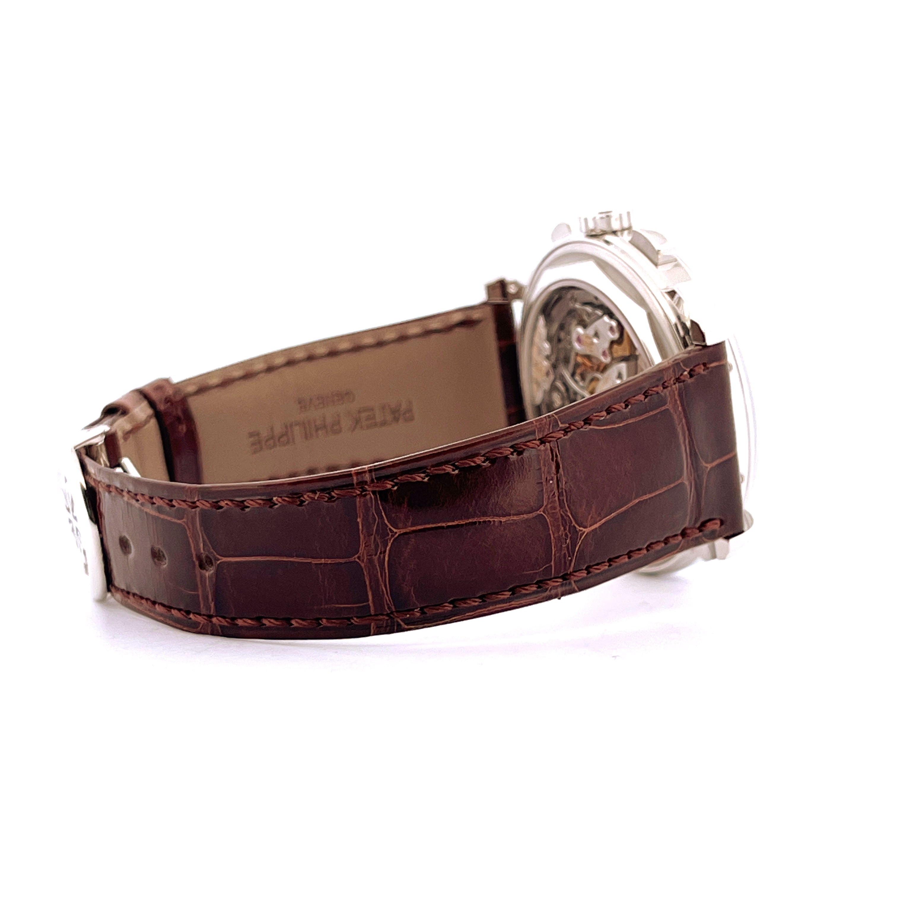 Patek Philippe Perpetual Calendar Chronograph 5270P-001 Seitenansicht eines dunkelbraunen Krokolederarmbands