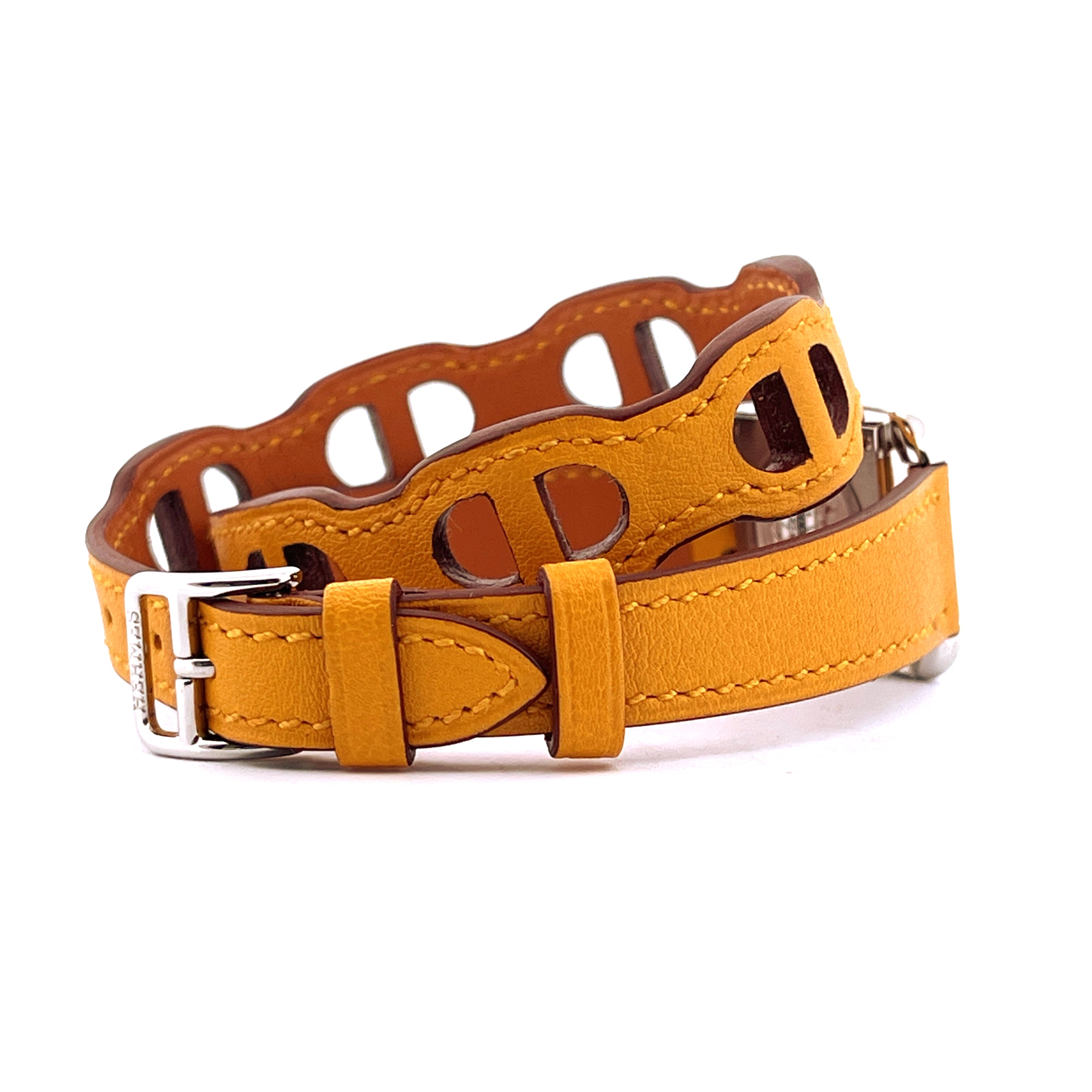 Hermès Cape Cod Armband aus goldgelbem Leder mit Anker-Motiv und silberner Schließe