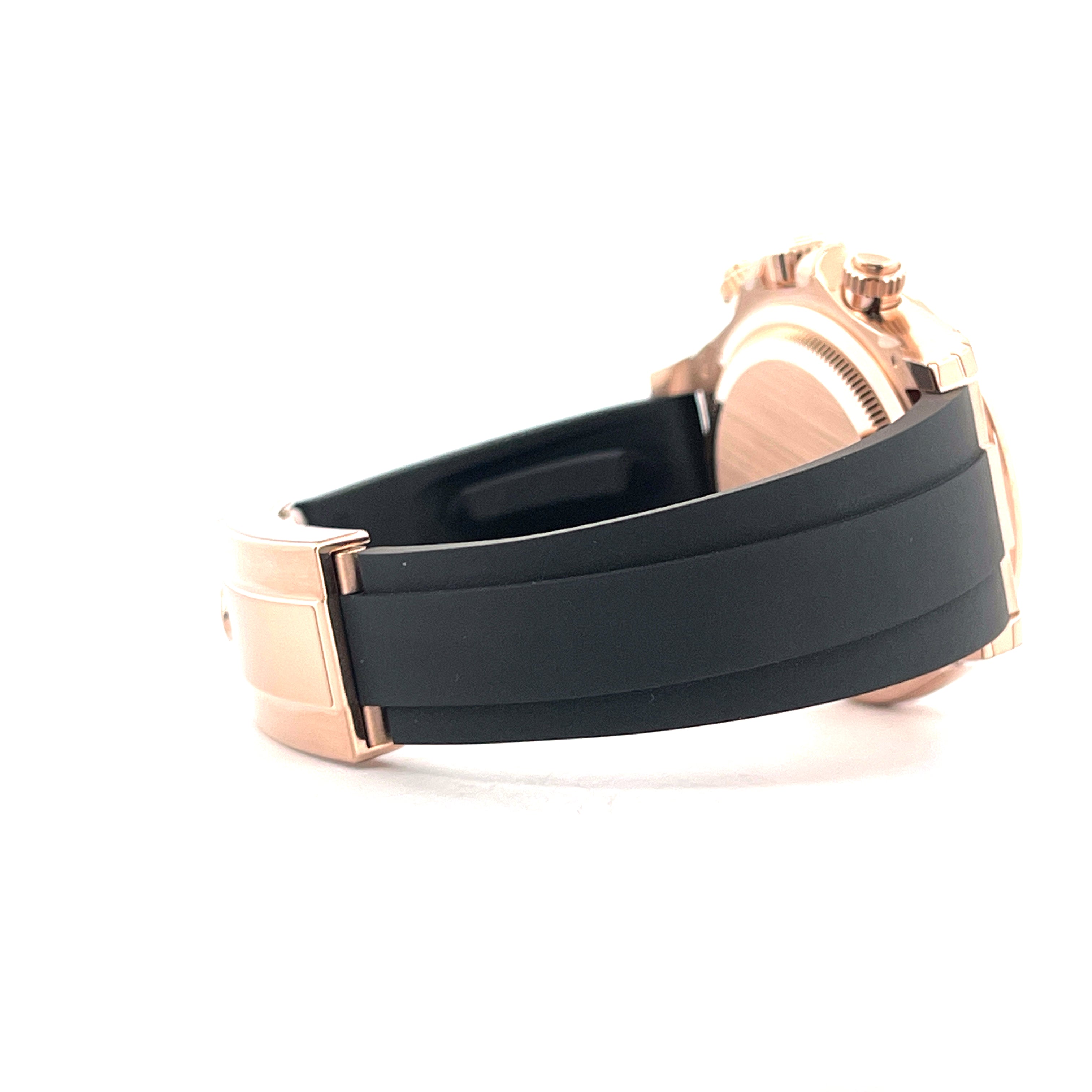 Rolex Cosmograph Daytona in Roségold mit schwarzem Armband Seitenansicht