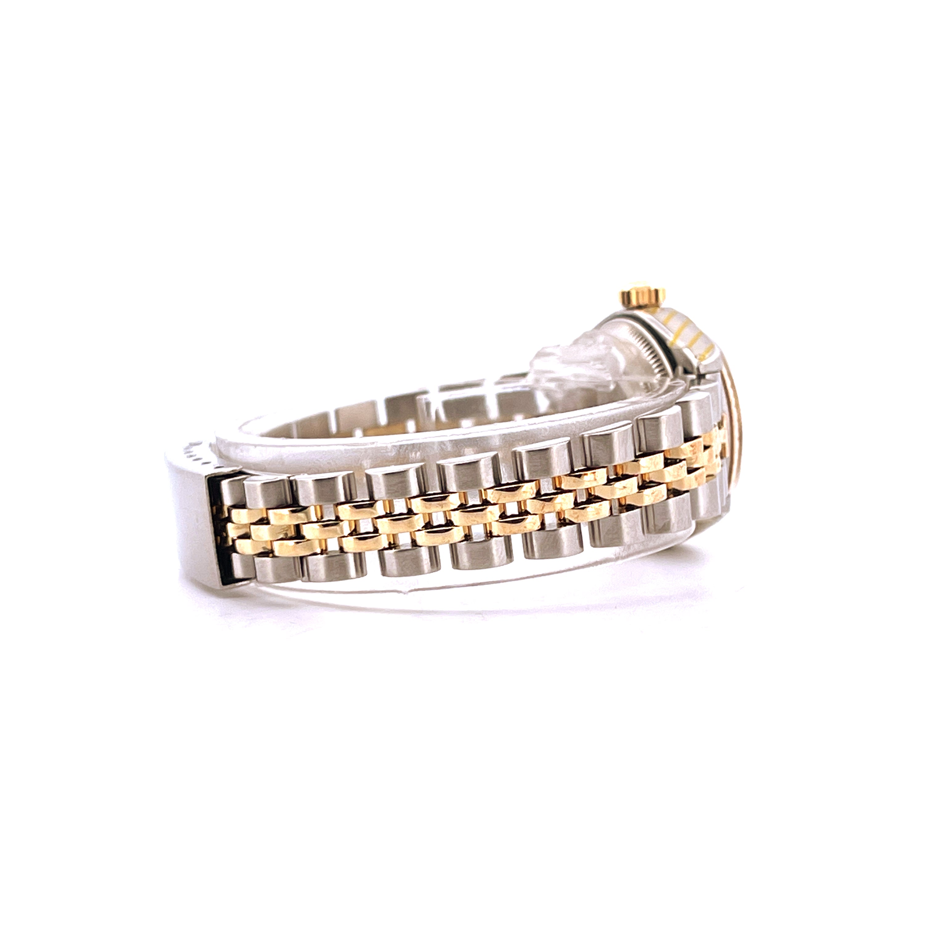 Rolex Lady-Datejust 26 mm Stahl und Gold Armband im Profil auf weißem Hintergrund