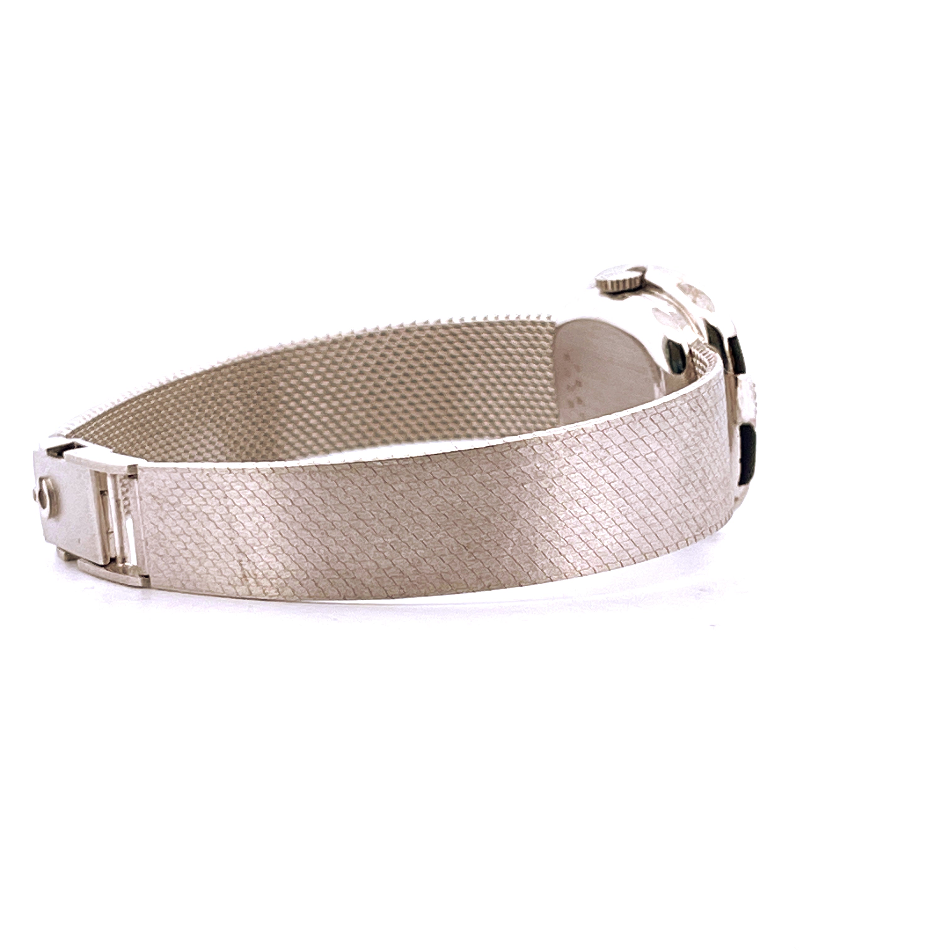 Chopard Classic Damenuhr in Weißgold, Seitenansicht des Armbands mit feinmaschigem Design und Schließe