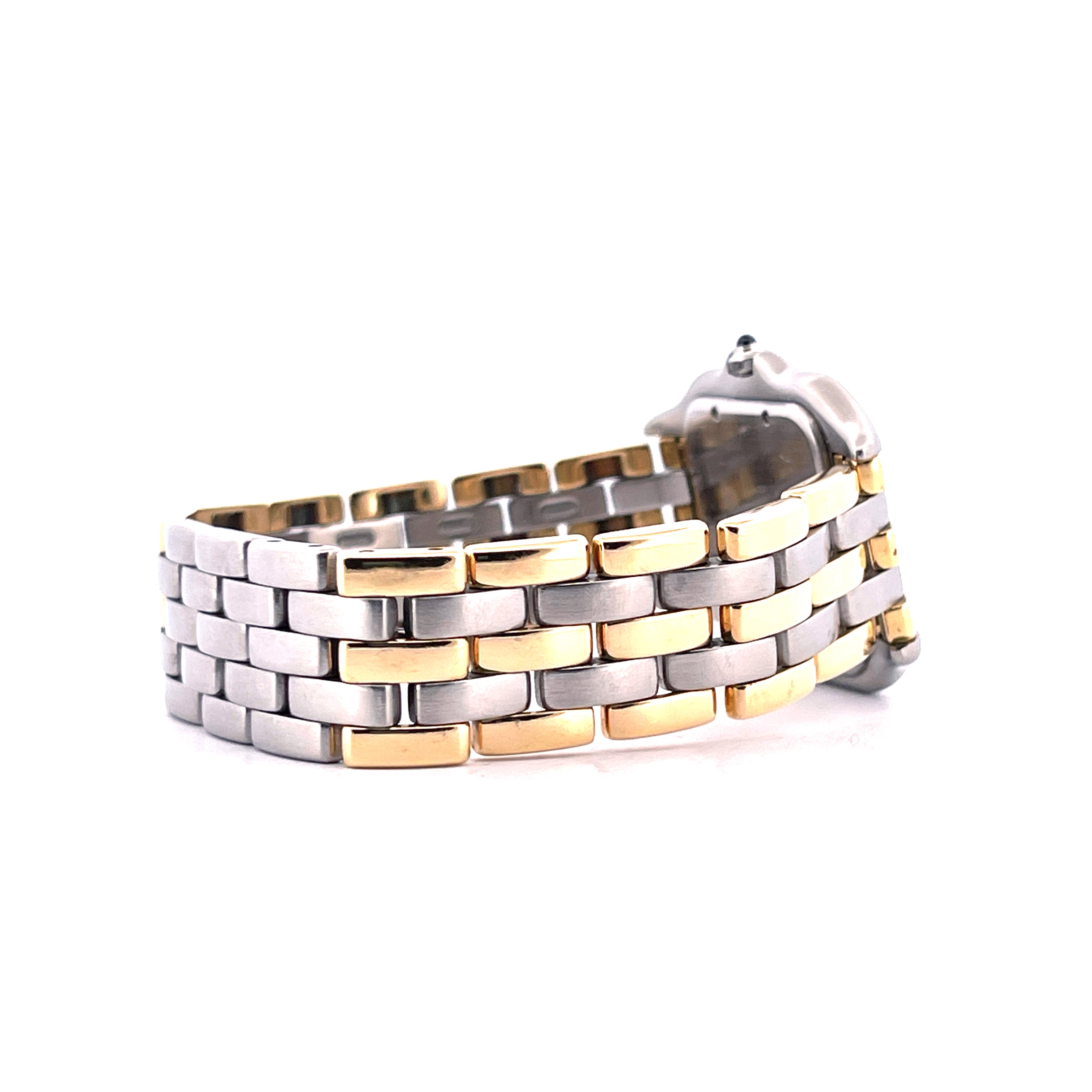 Seitenansicht eines Cartier Panthere Jumbo Vintage Armbands aus Edelstahl und Gold auf weißem Hintergrund
