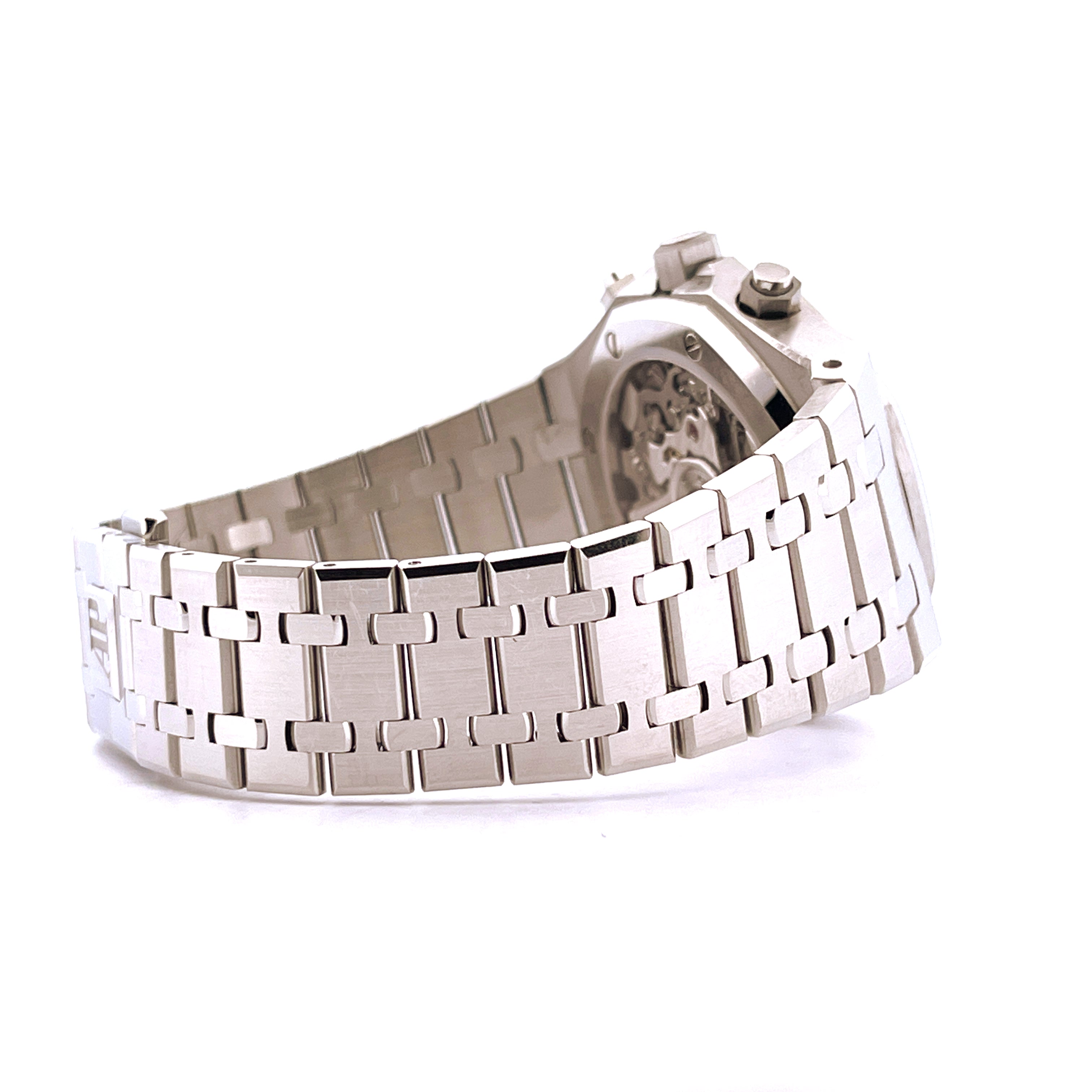 Audemars Piguet Royal Oak Chrono Stahl, Seitenansicht des stählernen Gliederarmbands und Gehäuses
