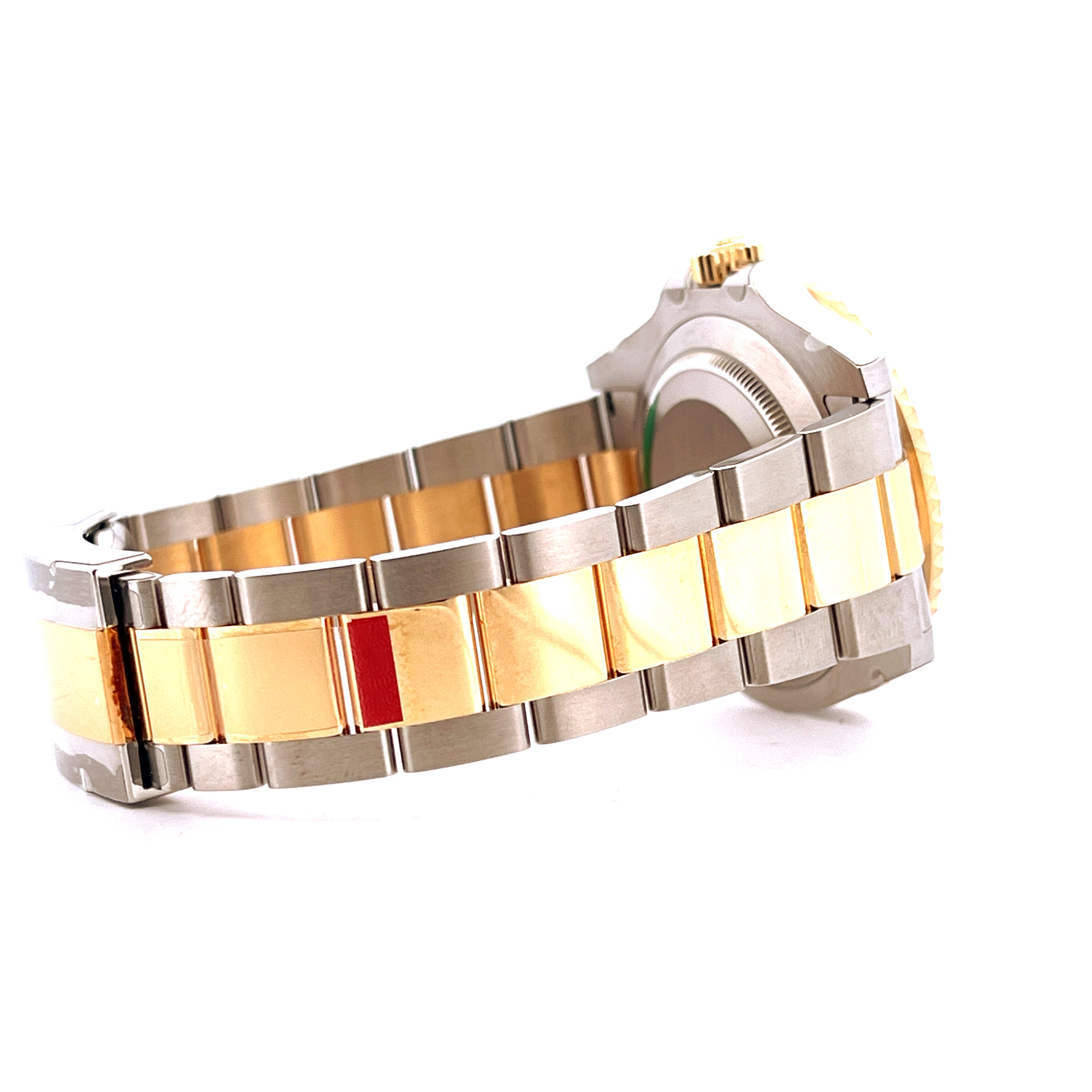 Side view of a Rolex Submariner Date 126613LB Bicolor watch with stainless steel and gold bracelet