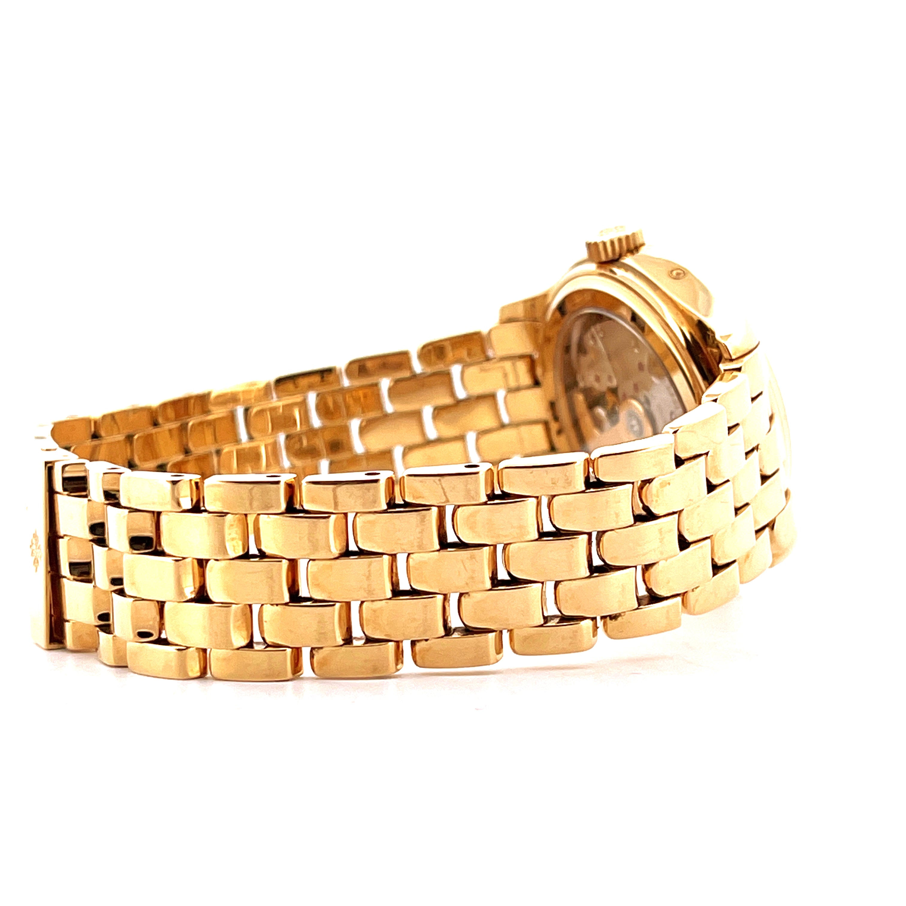 Patek Philippe Annual Calendar 5036/1J in Gelbgold, Seitenansicht eines goldfarbenen Armbands und Gehäuses