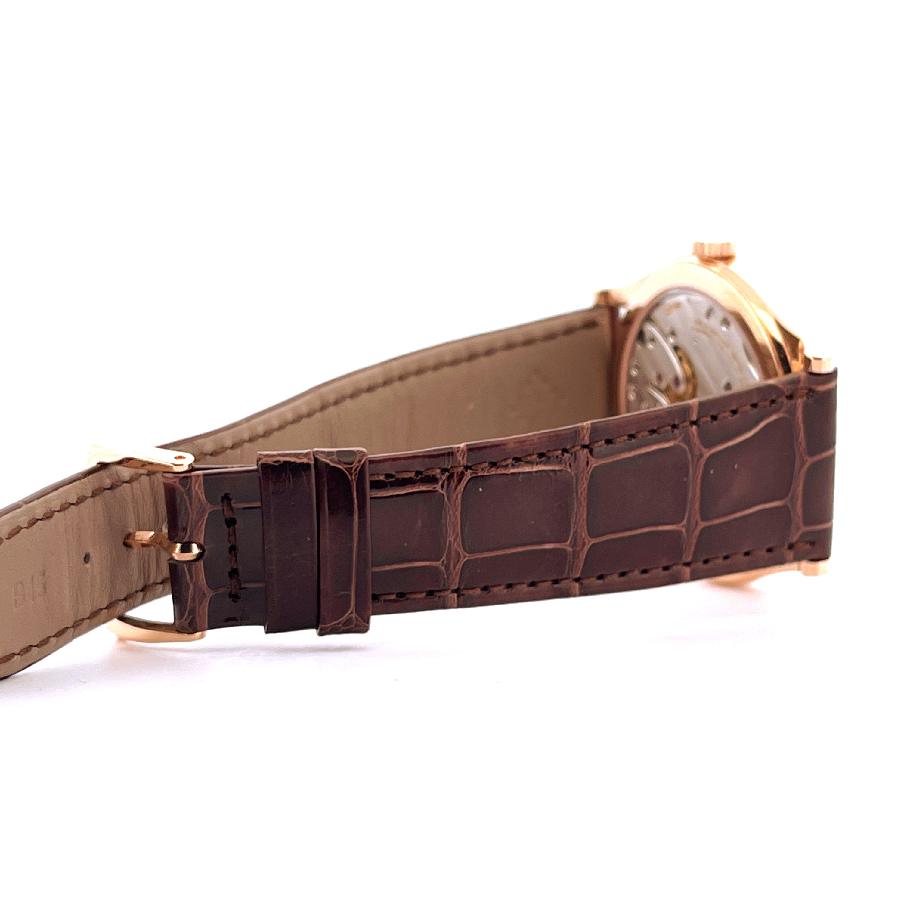 Patek Philippe Calatrava 6119R-001 Roségold, Seitenansicht des braunen Alligatorlederarmbands mit Dornschließe