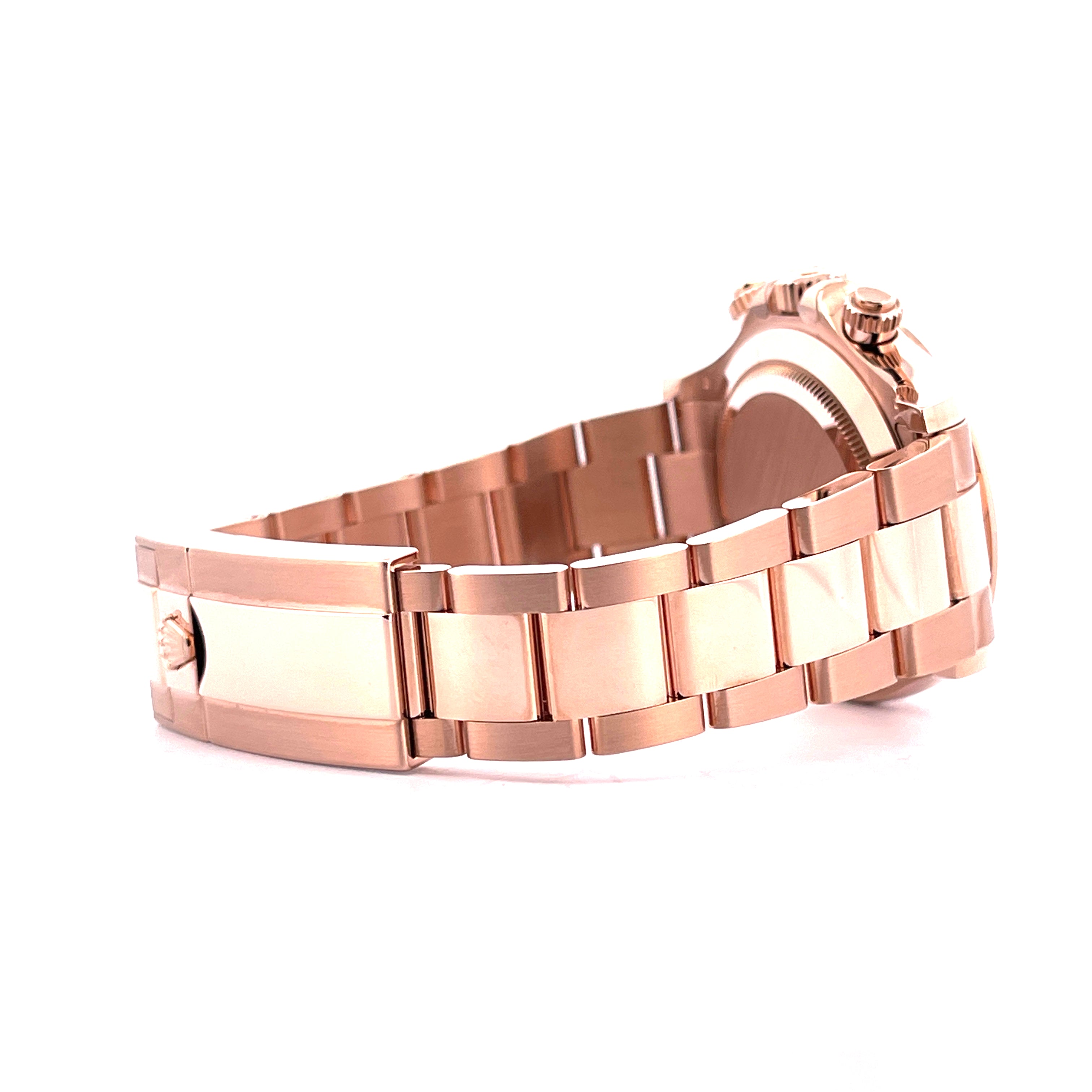 Rolex Daytona Everose 18 kt, Seitenansicht des Rosegold-Armbands und Gehäuses mit Krone