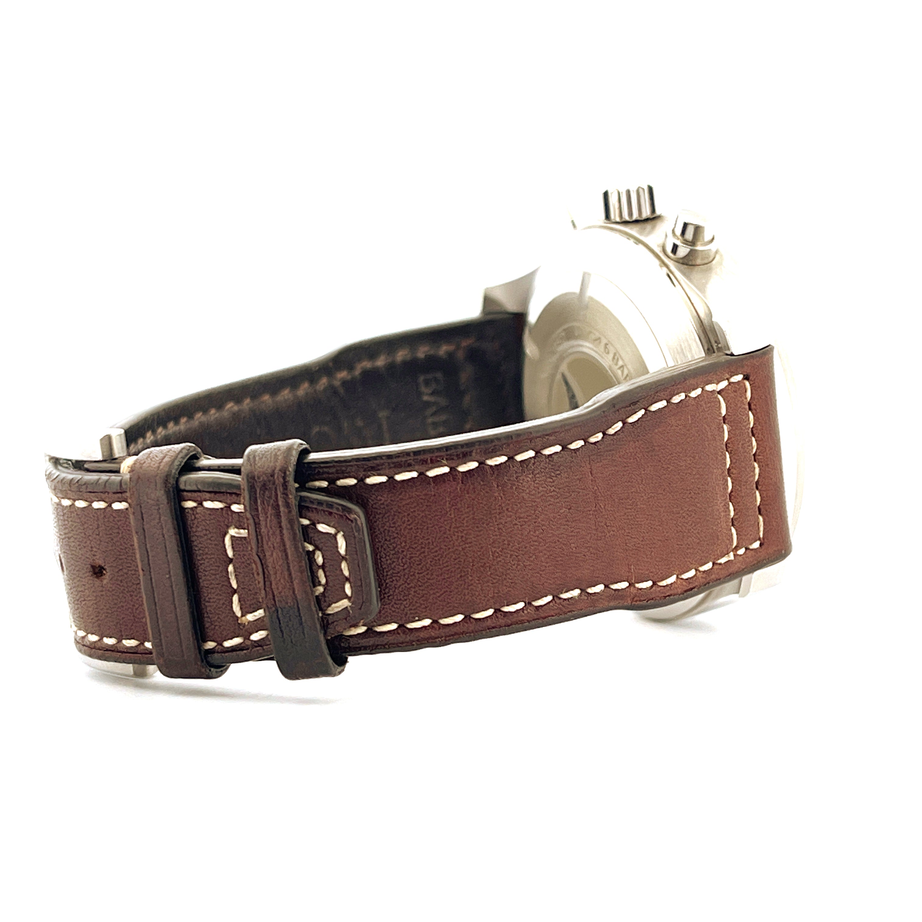 Seitenansicht des Lederarmbands einer IWC Pilot Chronograph Le Petit Prince Blue Uhr