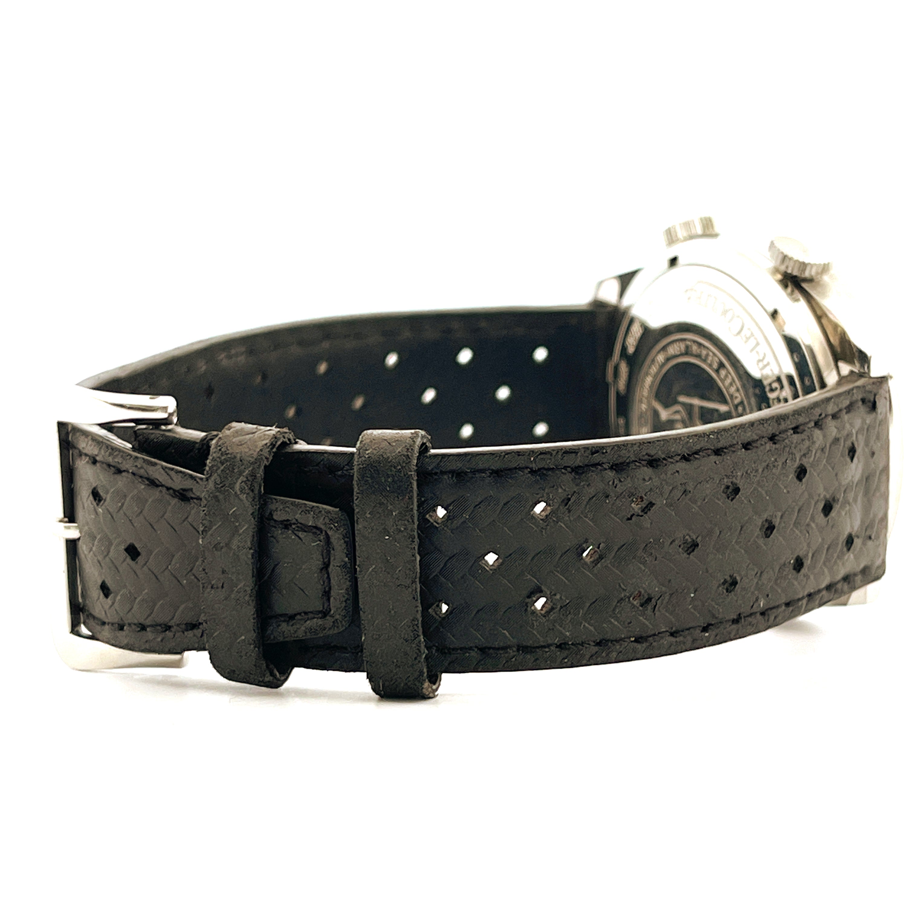 Jaeger LeCoultre Memovox Tribute To Deep Sea Seitenansicht des schwarzen Lederarmbands mit Perforation