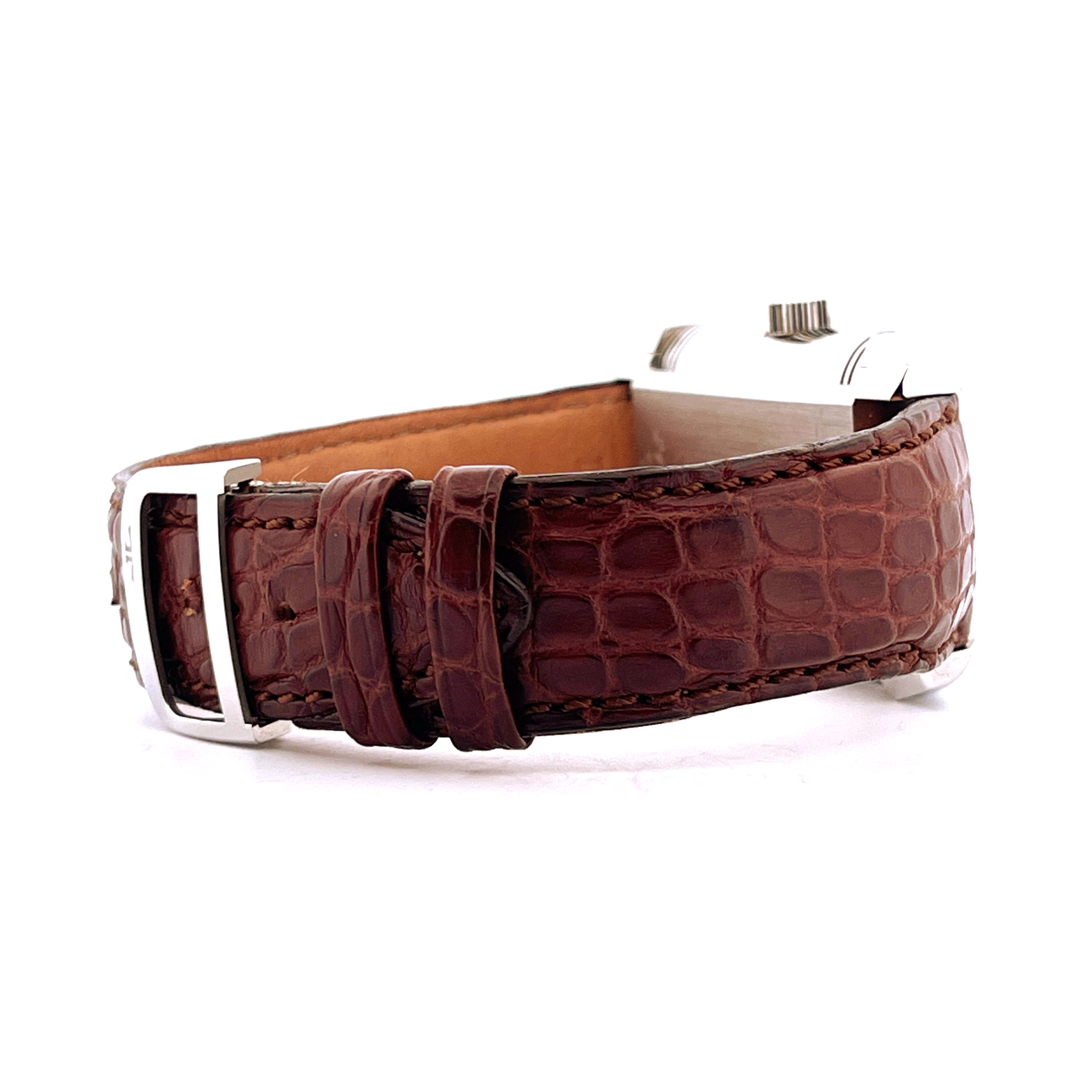 Jaeger-LeCoultre Reverso Grande Panorama, braunes Kroko-Lederarmband mit silberner Schließe, Seitenansicht