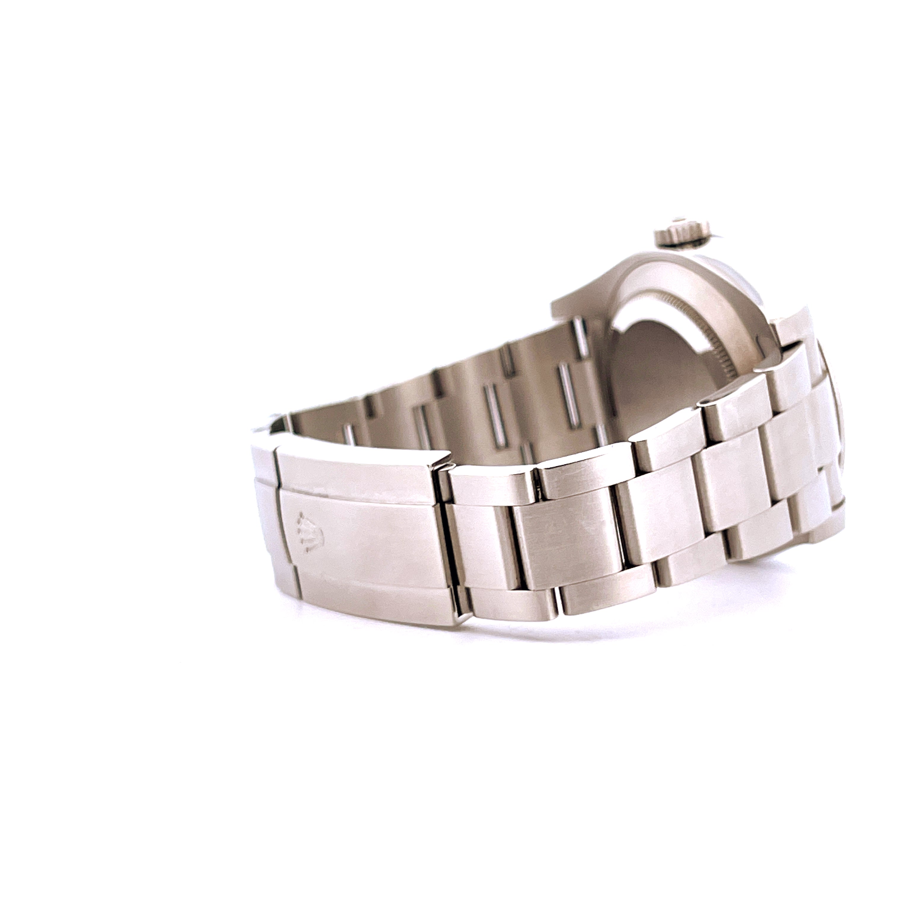 Rolex Air King 116900, Seitenansicht eines Stahlarmbands mit gebürsteten und polierten Elementen