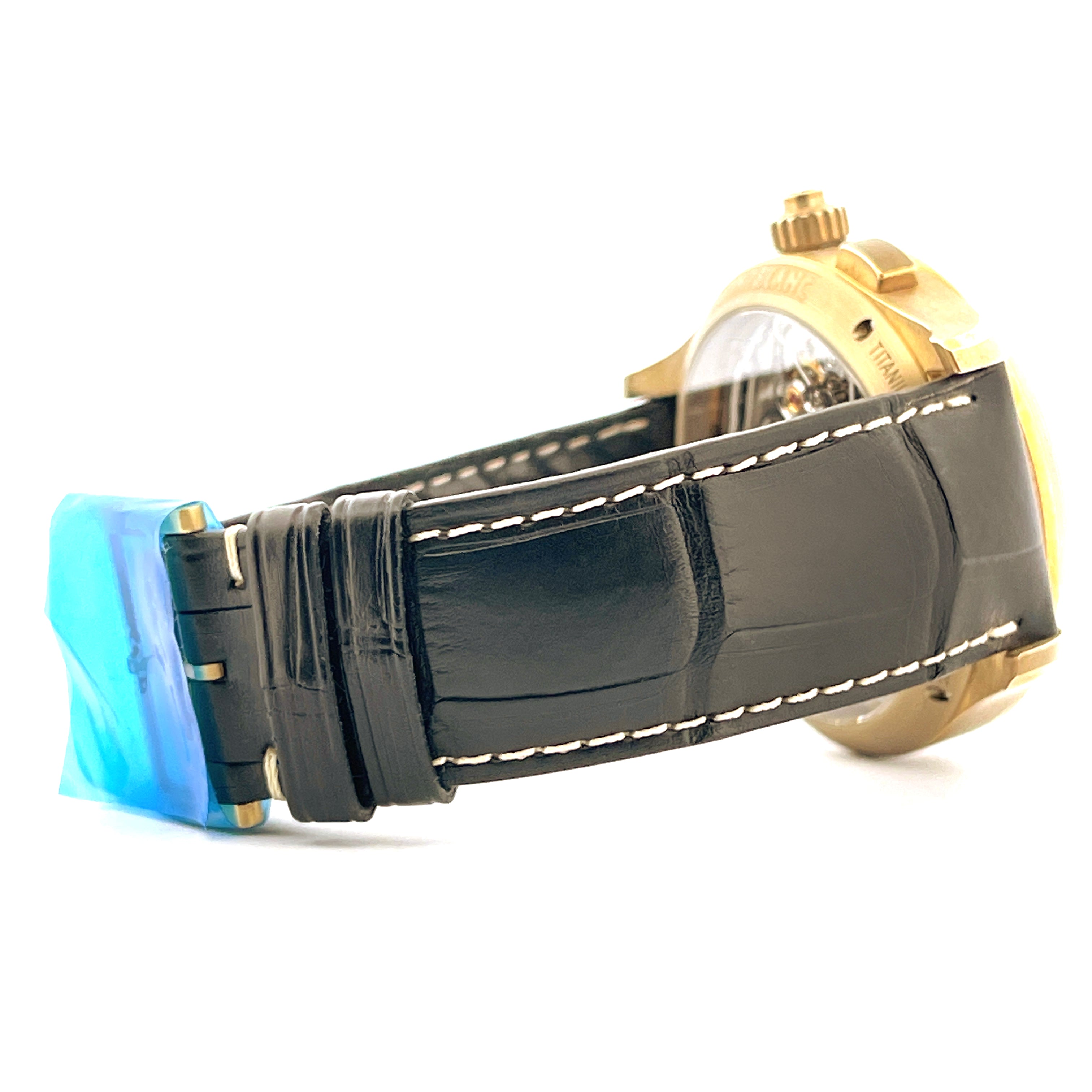 Seitenansicht Montblanc 1858 mit Bronzegehäuse und schwarzem Lederarmband