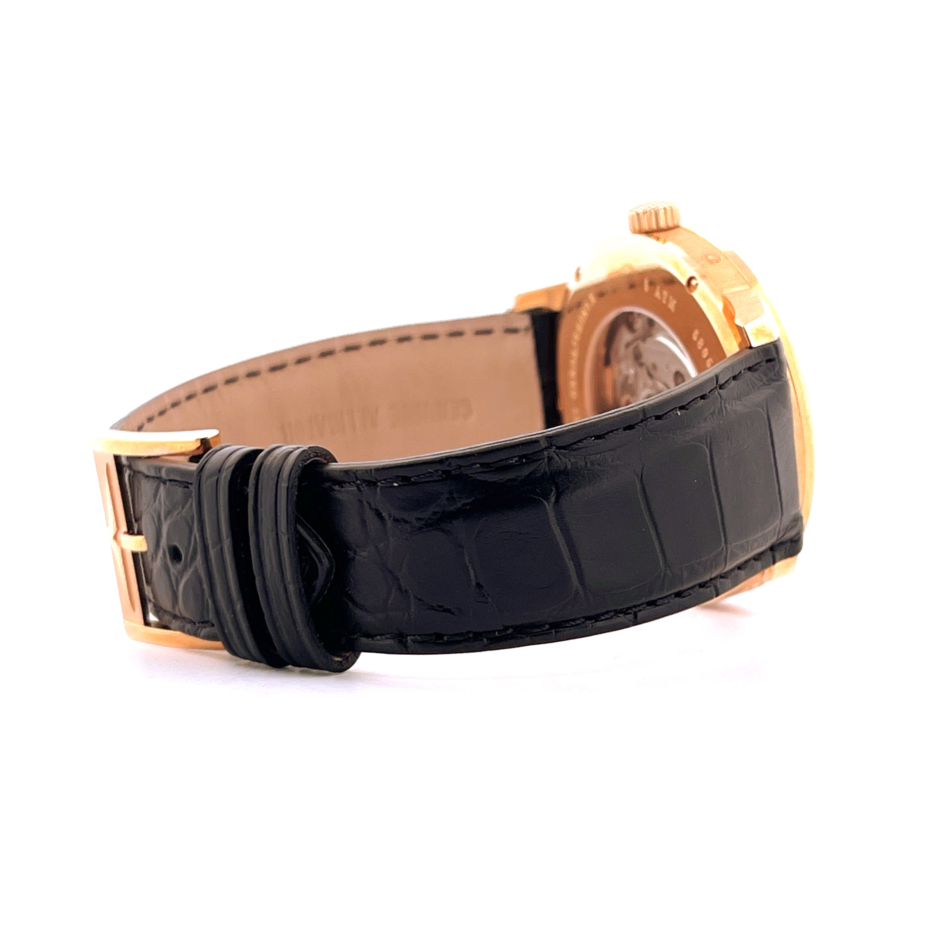 Vulcain 50s Presidents Moonphase Limited Armbanduhr im Seitenprofil mit schwarzem Krokolederarmband und Roségoldgehäuse