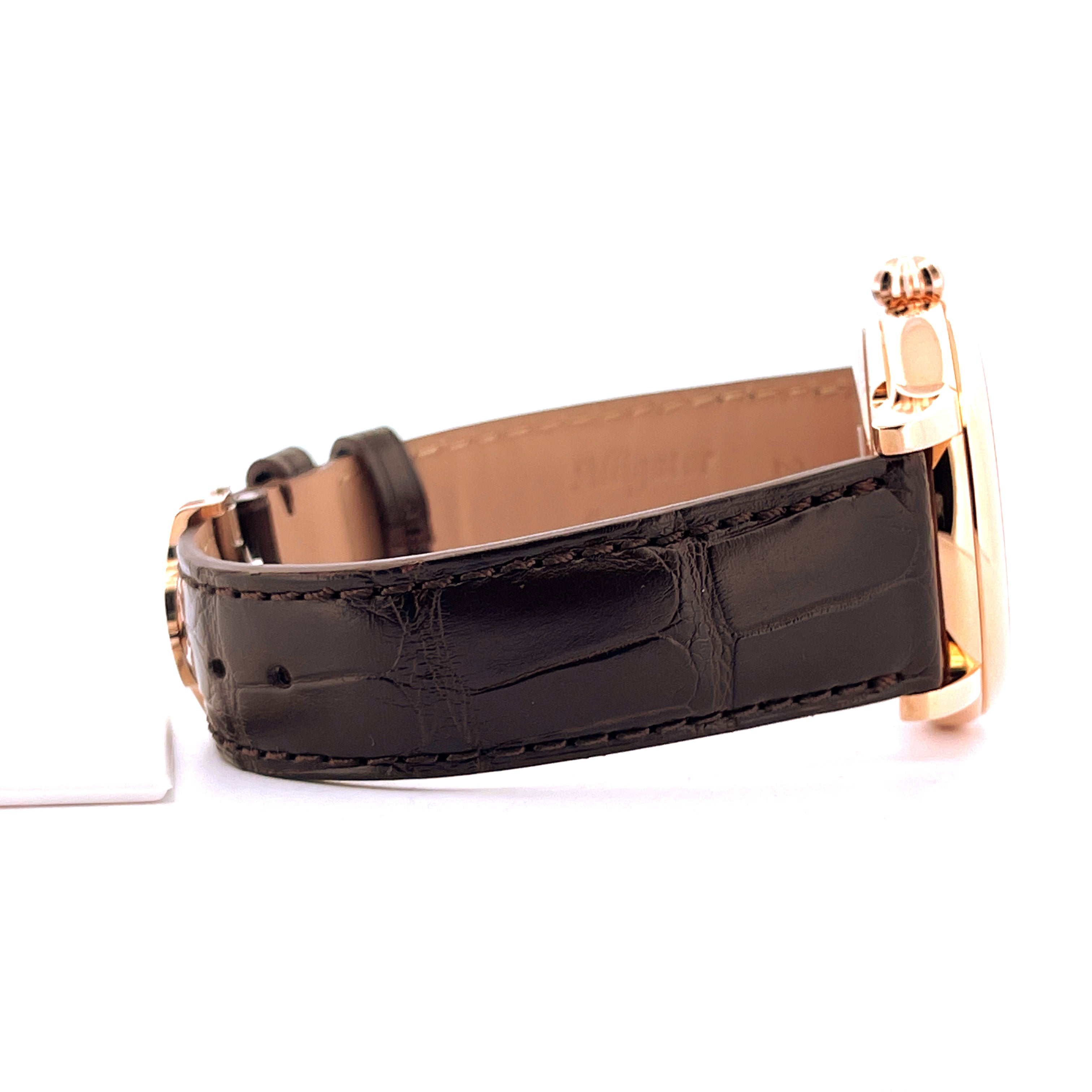 Seitenansicht eines Frederique Constant Tourbillon Roségold mit braunem Krokodillederarmband