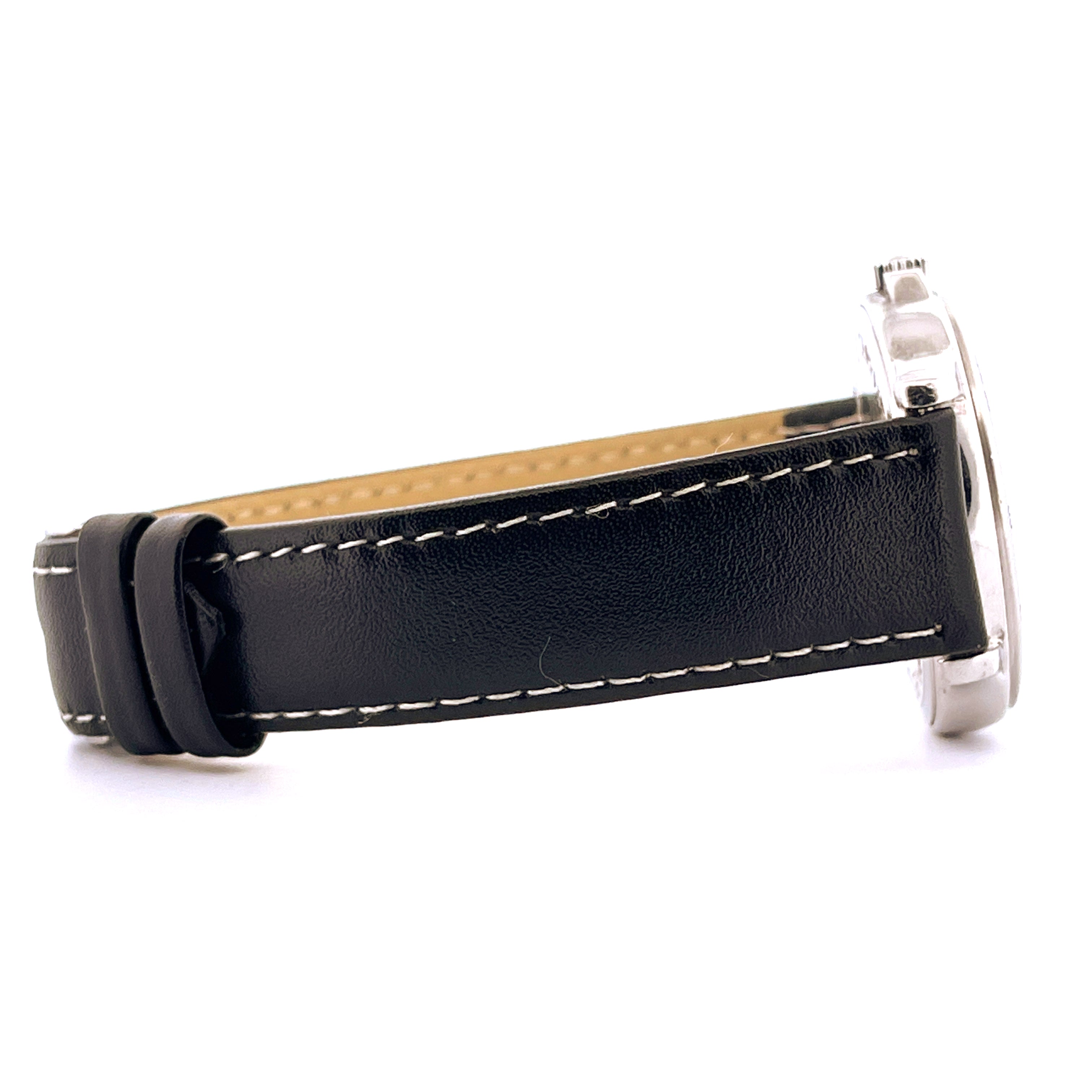 Seitenansicht des Chopard Mille Miglia Monopusher mit schwarzem Lederarmband und Edelstahlgehäuse