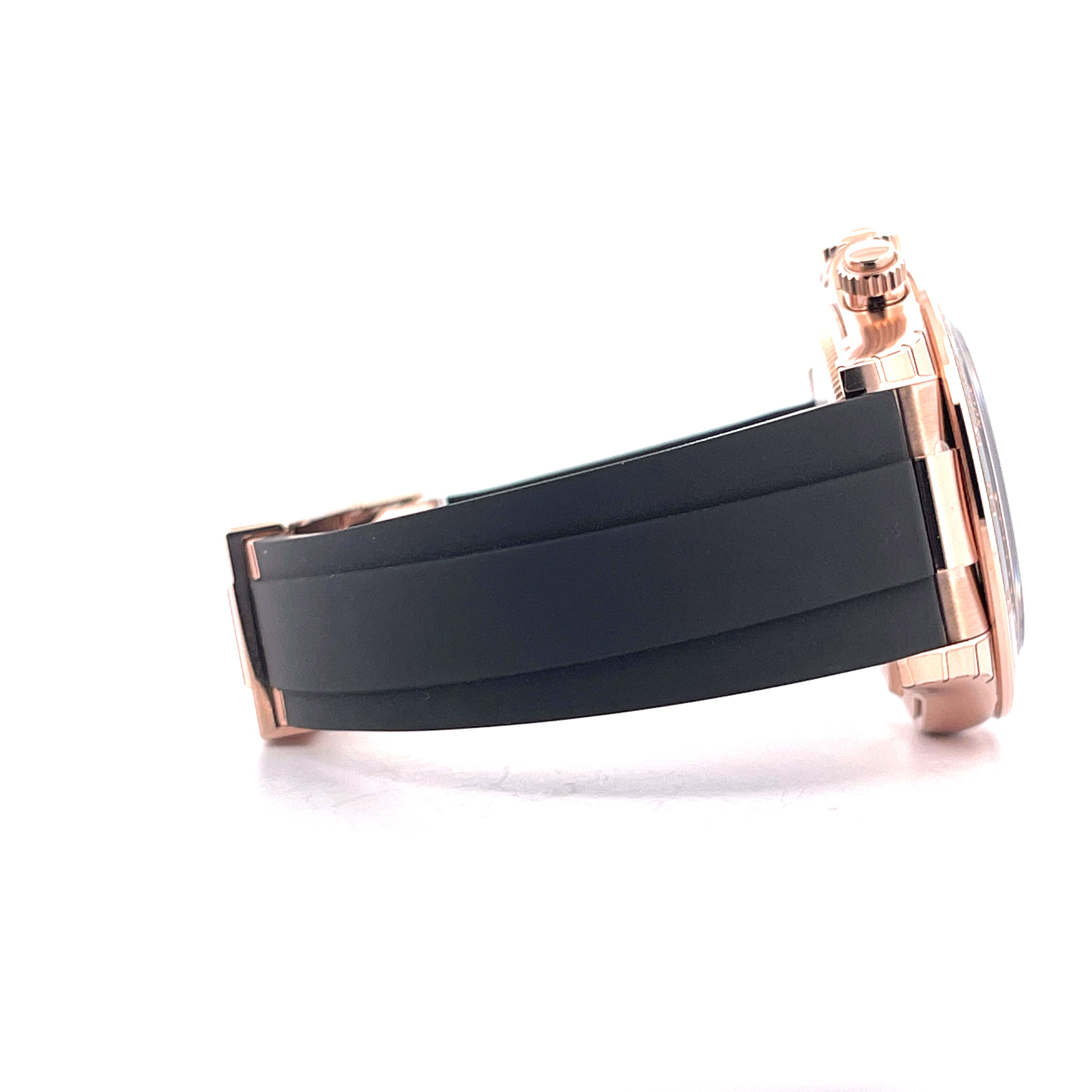 Rolex Cosmograph Daytona 126515LN in Roségold mit schwarzem Armband Seitenansicht