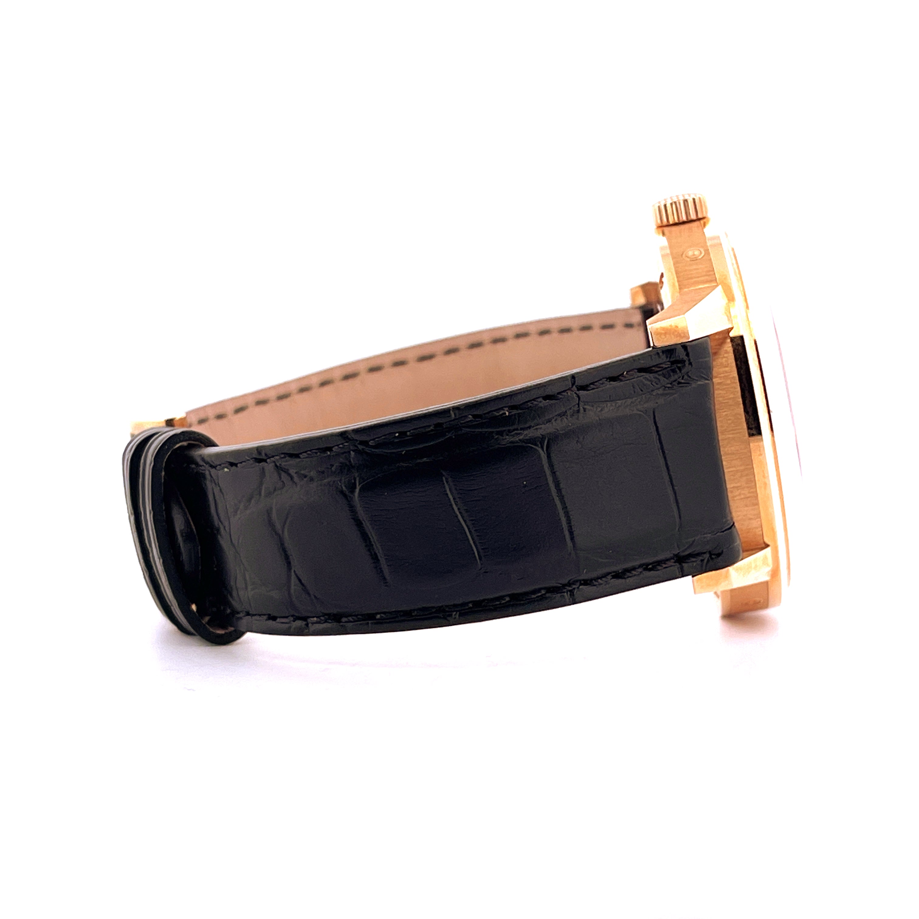 Vulcain 50s Presidents Moonphase Roségold Automatik von der Seite mit schwarzem Lederarmband